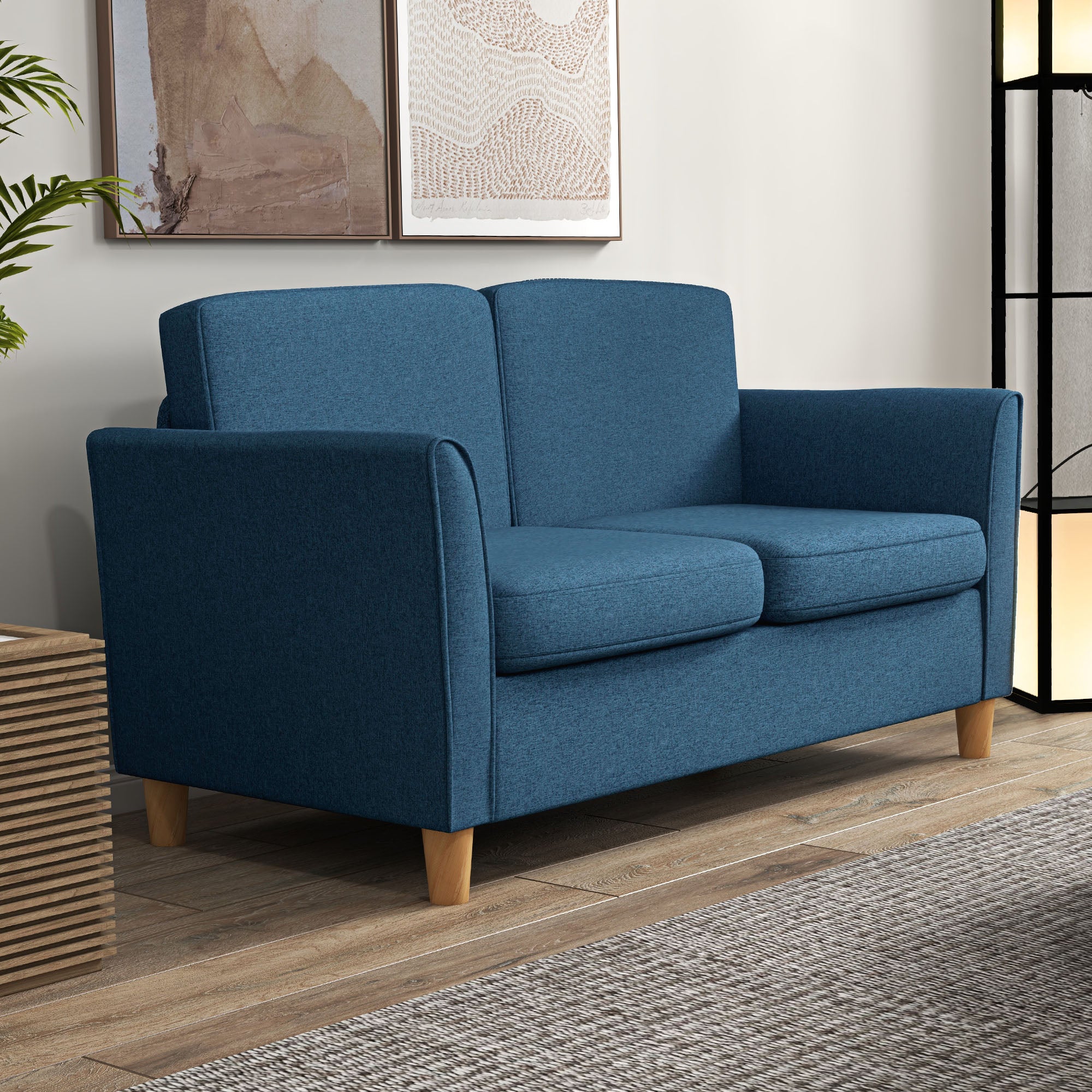 HOMCOM 2 Seater Sofa, Compact Loveseat, Fabric Couch with Wood Legs and Armrest, for Living Room and Home Office Blue
