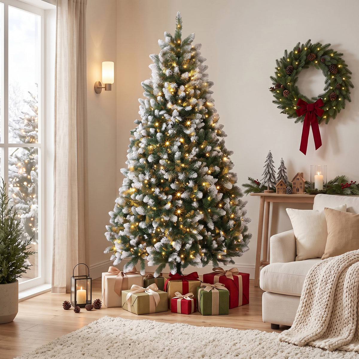 7.5ft Pre-lit Artificial Christmas Tree, White-Tipped Hinged Full Xmas Tree with 1378 Tips, 11 Modes, 400 LED Lights, Remote, Foldable Metal Stand, Home Office Holiday Decoration