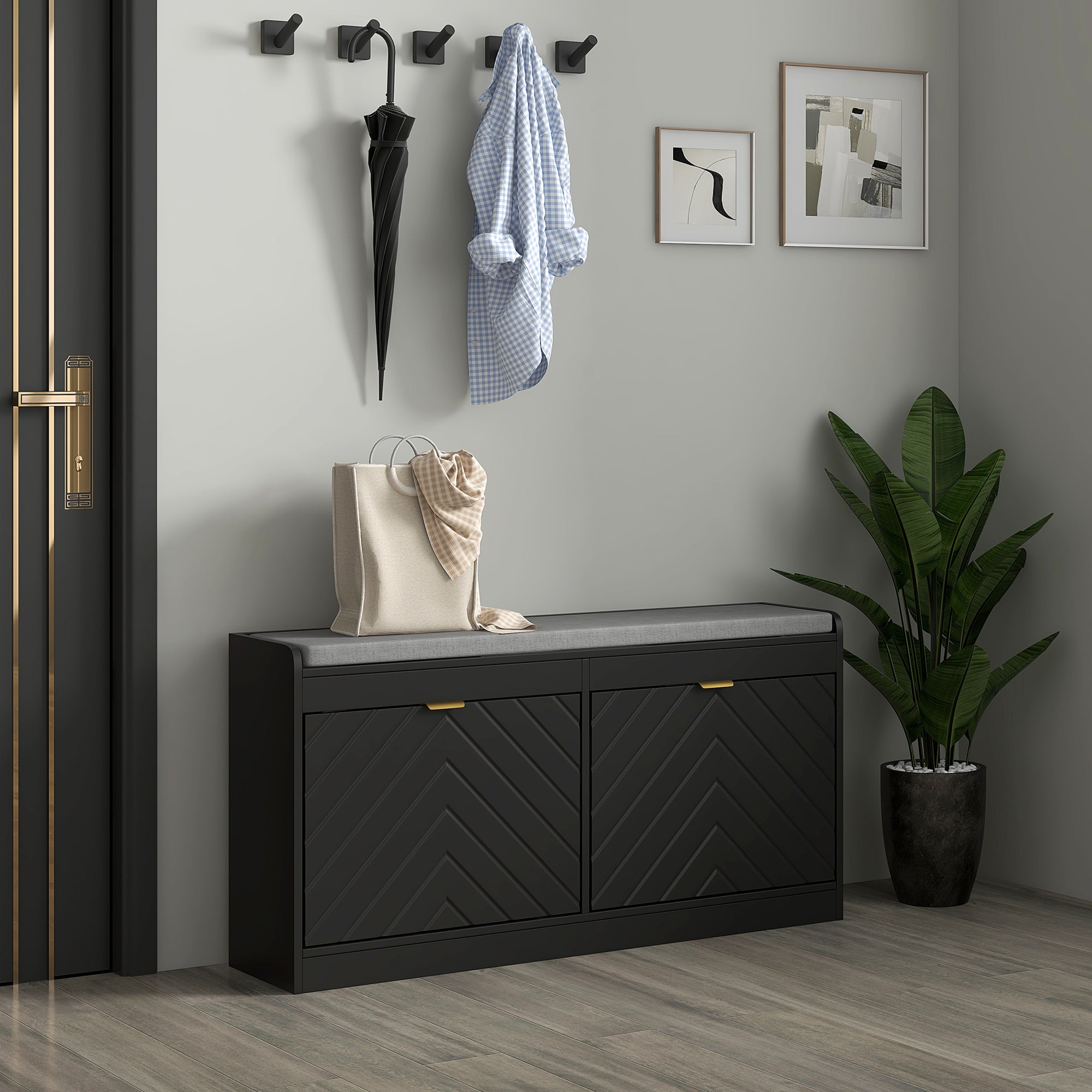 Shoe Bench, Entryway Bench with 2 Flip Drawers, Seating Cushion, and 2 Vents for 8 Pairs of Shoes for Hallway, Black