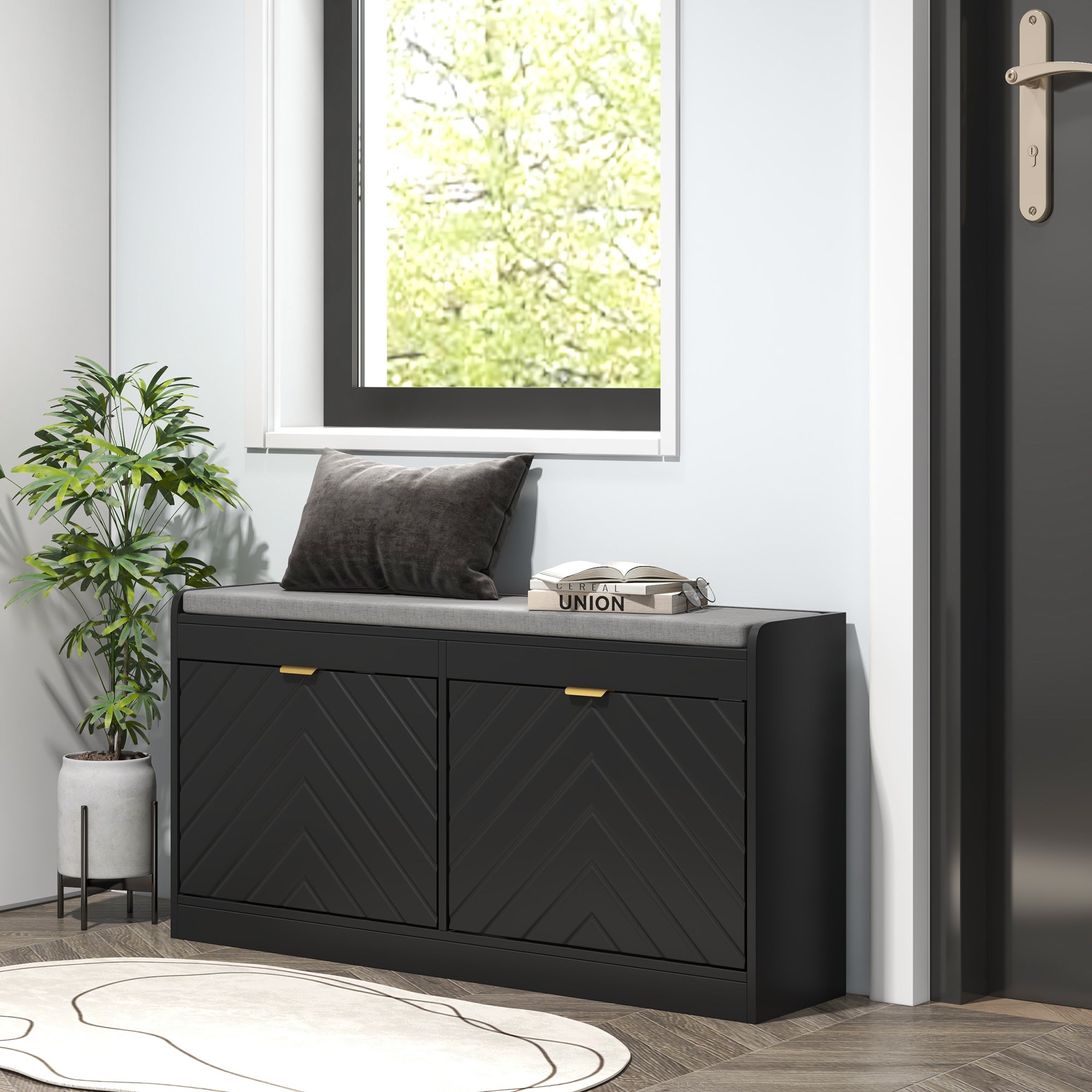 Shoe Bench, Entryway Bench with 2 Flip Drawers, Seating Cushion, and 2 Vents for 8 Pairs of Shoes for Hallway, Black