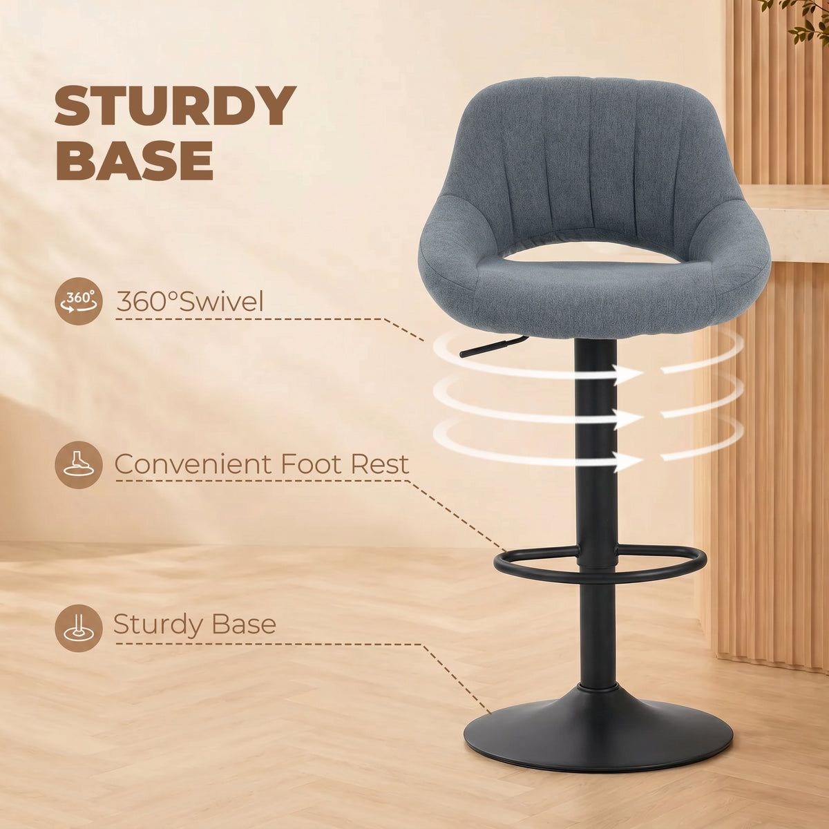 Bar Stools Set of 2, Swivel Counter Height Barstools with Adjustable Height and Cutout Back, Linen Upholstered Bar Chairs with Round Metal Base and Footrest, Dark Grey