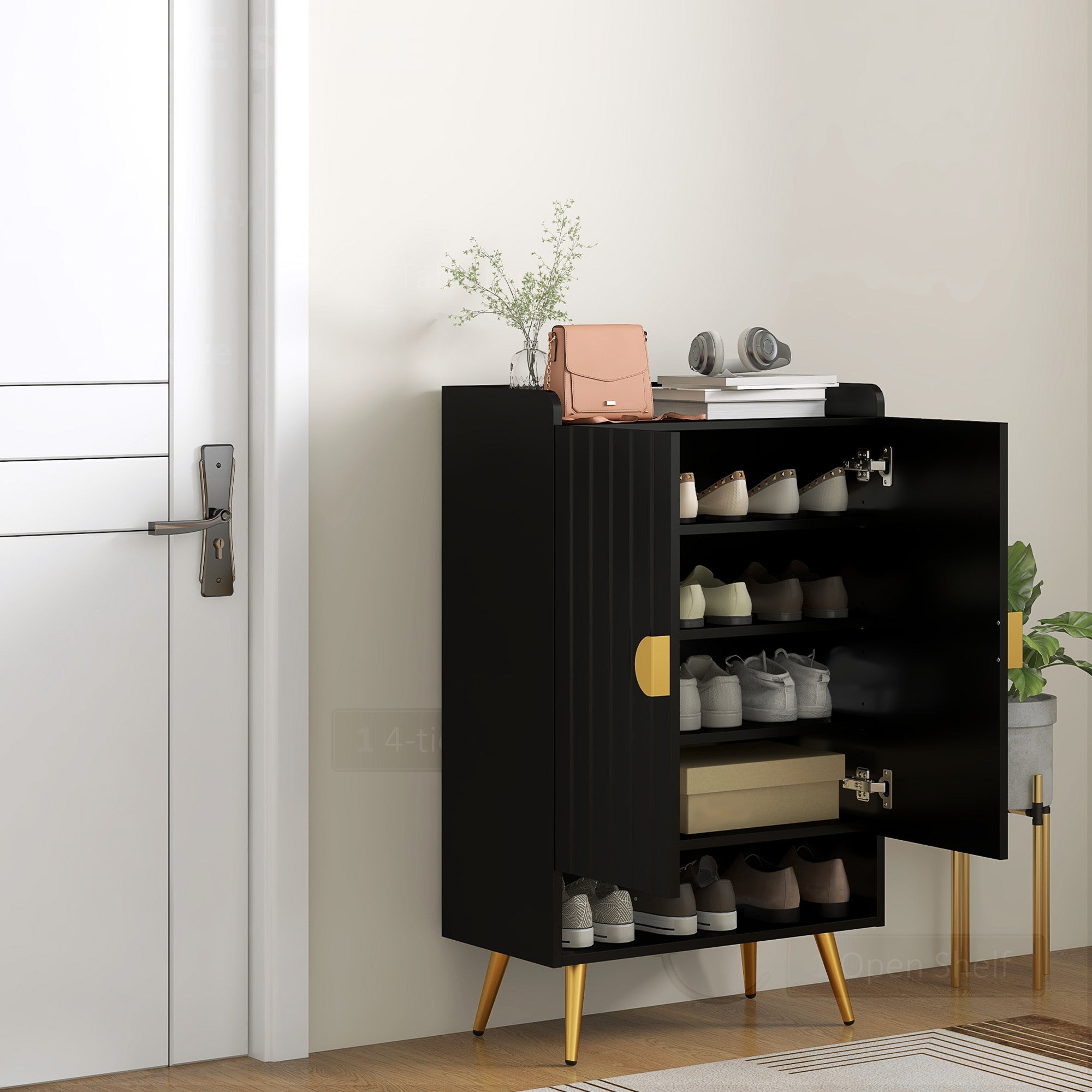 HOMCOM Narrow Shoe Cabinet for Entryway Shoe Storage Cabinet with 2 Doors, Adjustable Shelves and Open Shelf for 15 Pairs of Shoes, Black