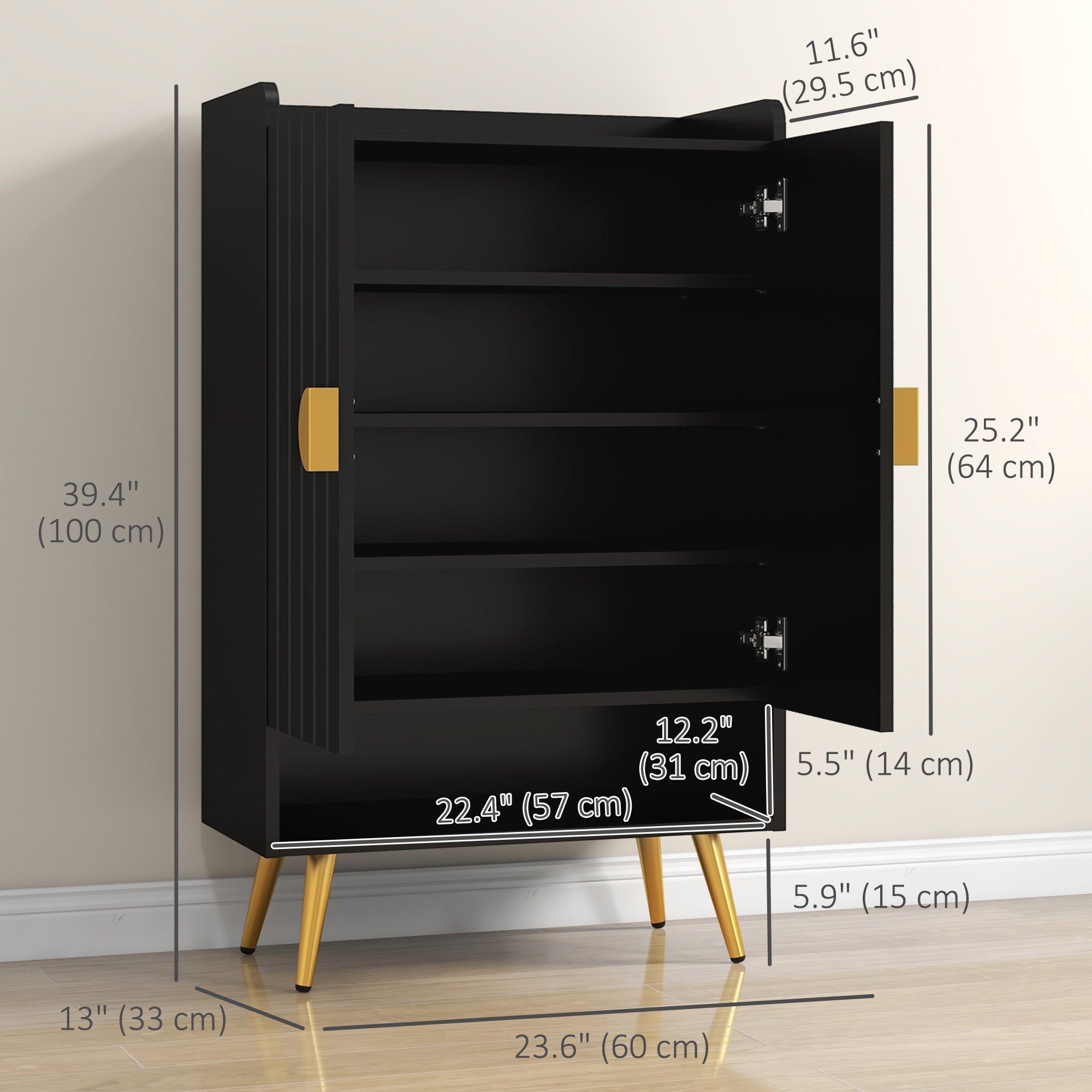 HOMCOM Narrow Shoe Cabinet for Entryway Shoe Storage Cabinet with 2 Doors, Adjustable Shelves and Open Shelf for 15 Pairs of Shoes, Black