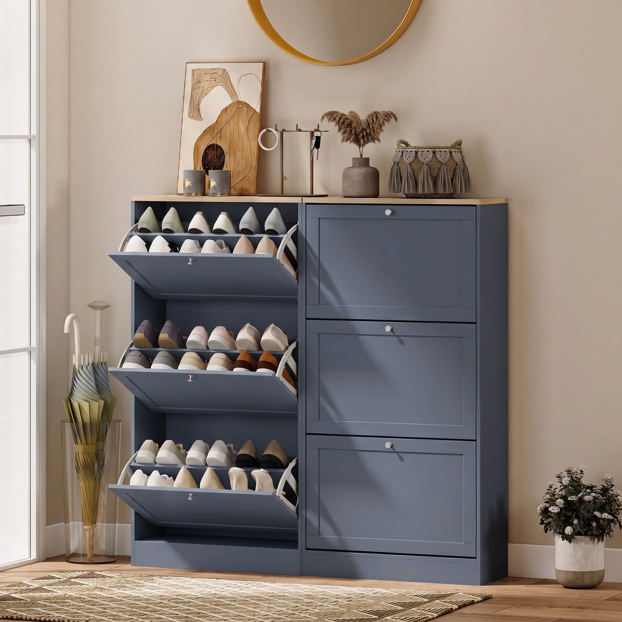 Modern Shoe Storage Cabinet with 3 Flip Drawers, Wooden Freestanding Shoe Cabinet with Adjustable Shelves, 12-18 Pairs, for Entryway, Hallway, Blue
