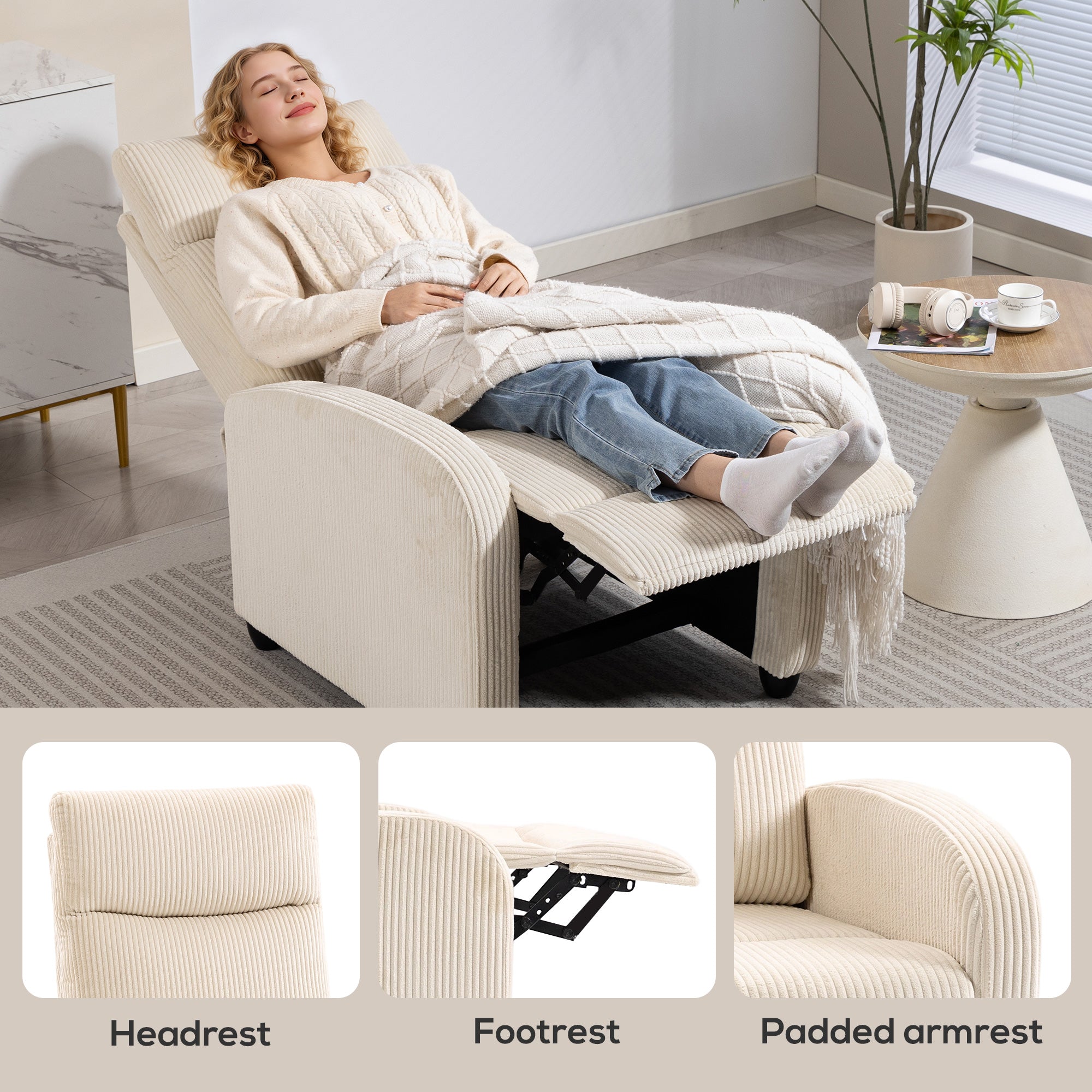 Push Back Recliner Chair, Corduroy Fabric Home Theater Seating, Single Reclining Sofa Chair with Padded Seat for Living Room, Beige