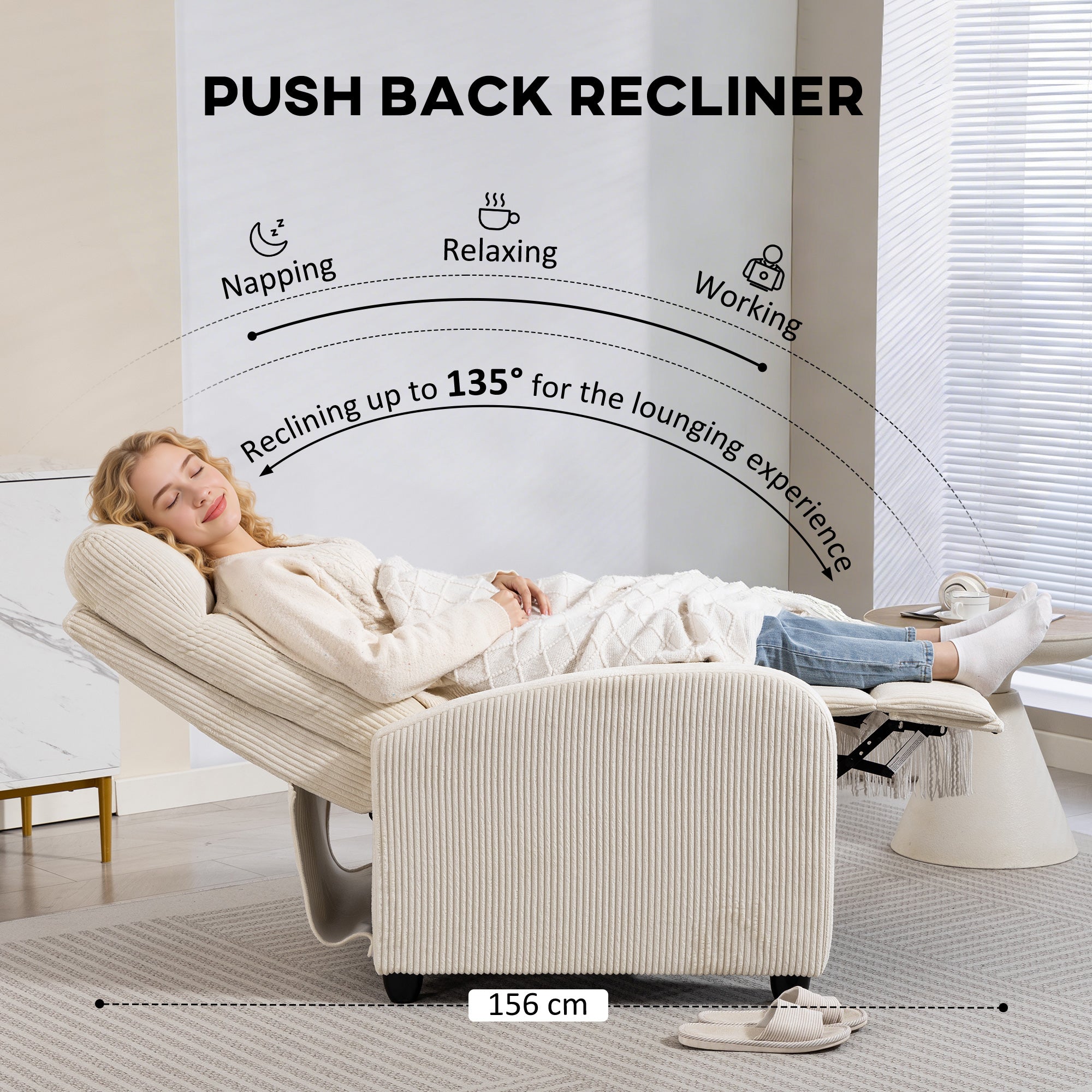 Push Back Recliner Chair, Corduroy Fabric Home Theater Seating, Single Reclining Sofa Chair with Padded Seat for Living Room, Beige