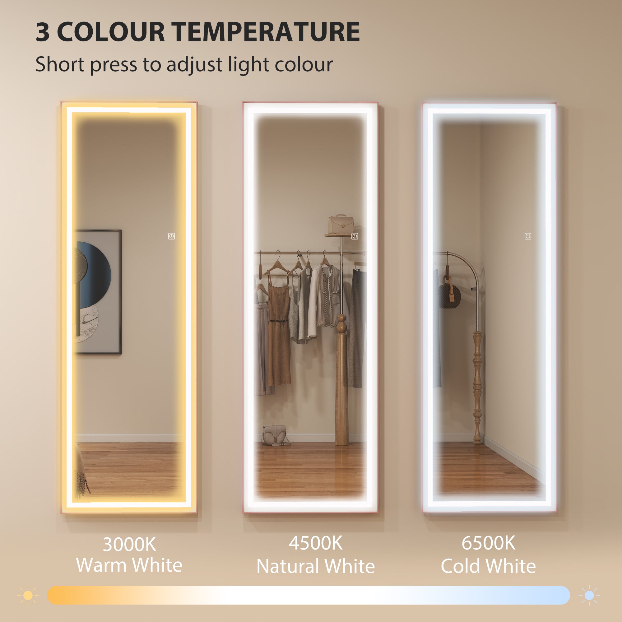 Full Length Mirror with Lights, 64" x 21" LED Full Body Mirror with Dimming and 3 Colour Lighting, Free Standing, Leaning or Wall Mount for Bedroom, Living Room, Pink