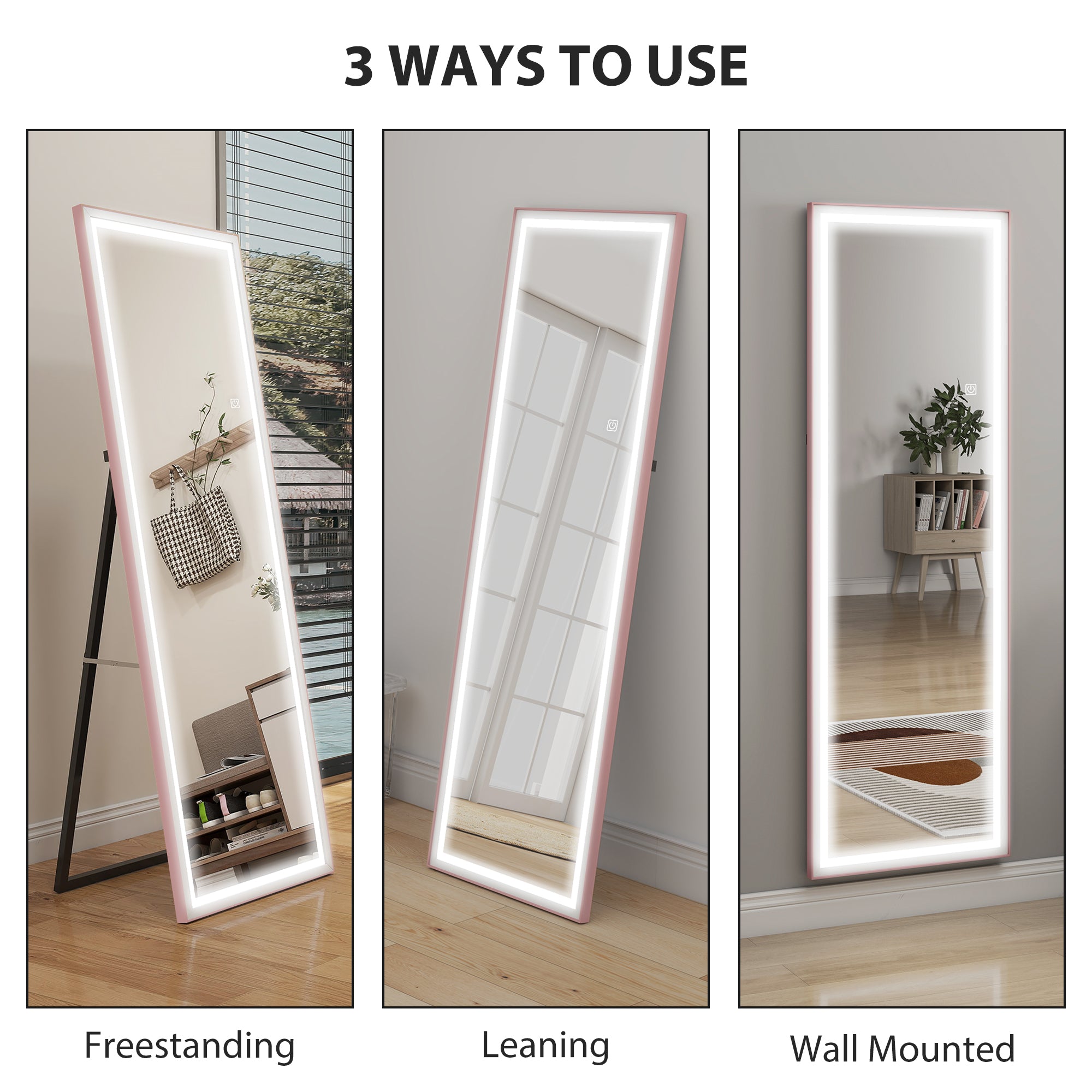 Full Length Mirror with Lights, 64" x 21" LED Full Body Mirror with Dimming and 3 Colour Lighting, Free Standing, Leaning or Wall Mount for Bedroom, Living Room, Pink