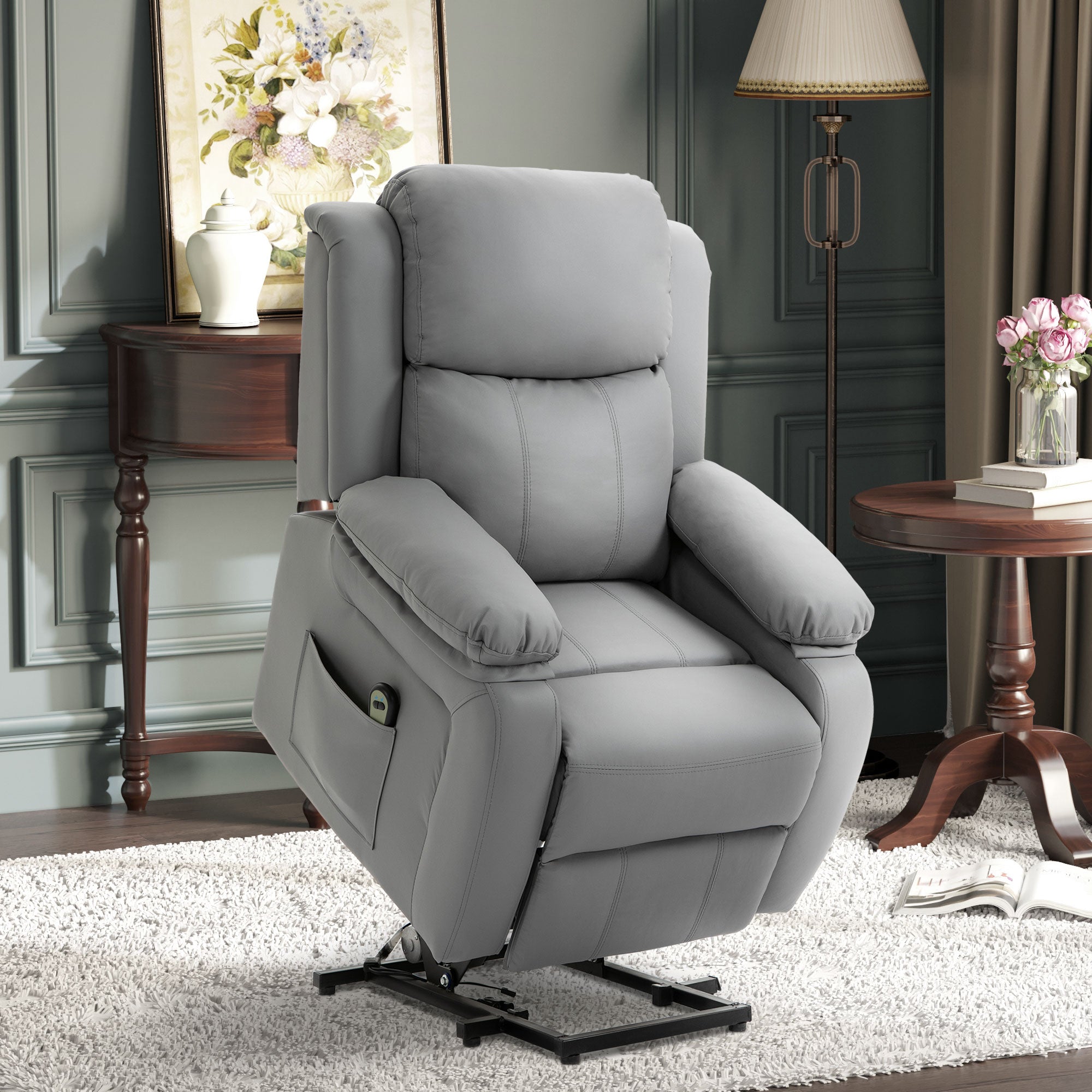 Living Room Power Lift Chair PU Leather Electric Recliner Sofa for Elderly with Remote Control Grey