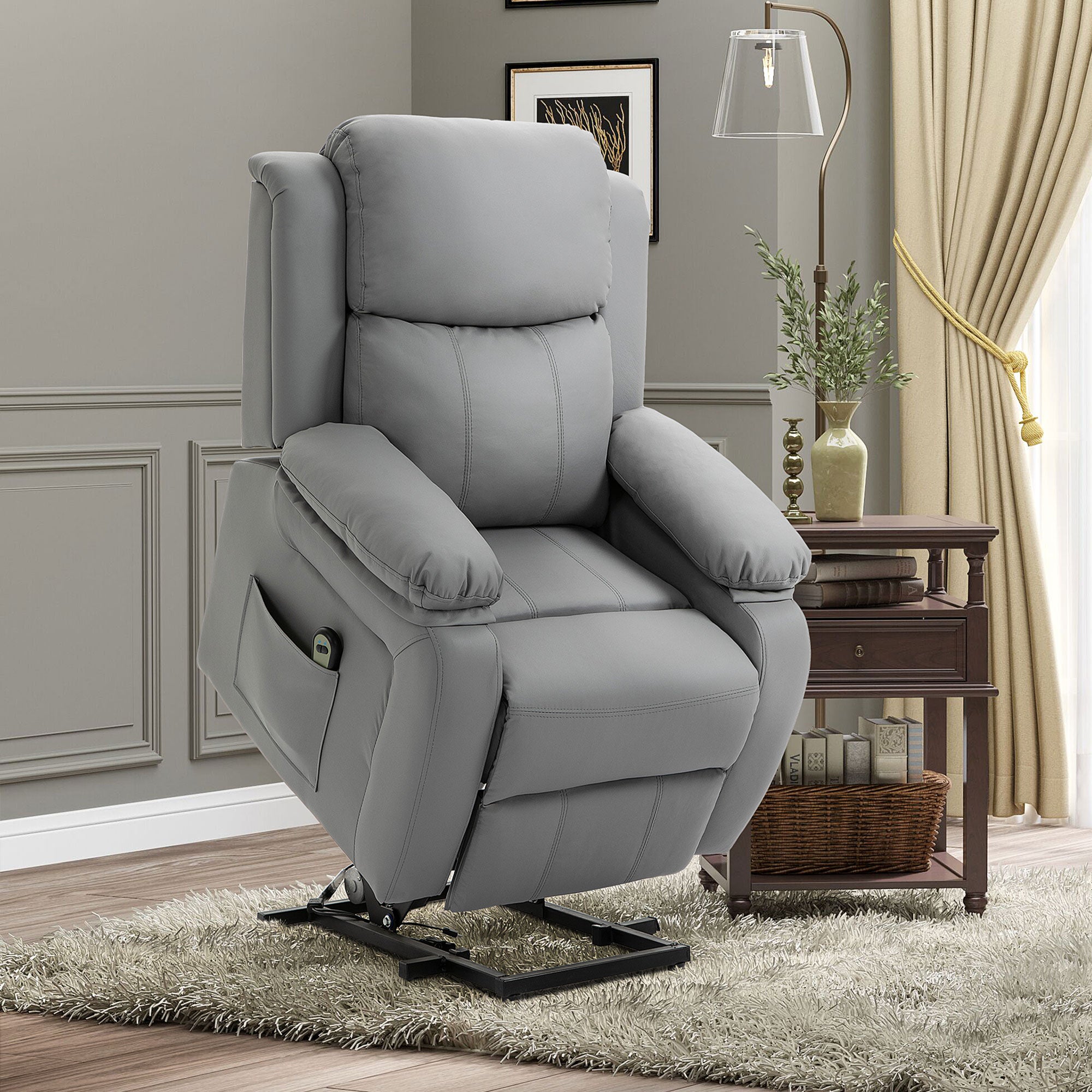 Living Room Power Lift Chair PU Leather Electric Recliner Sofa for Elderly with Remote Control Grey