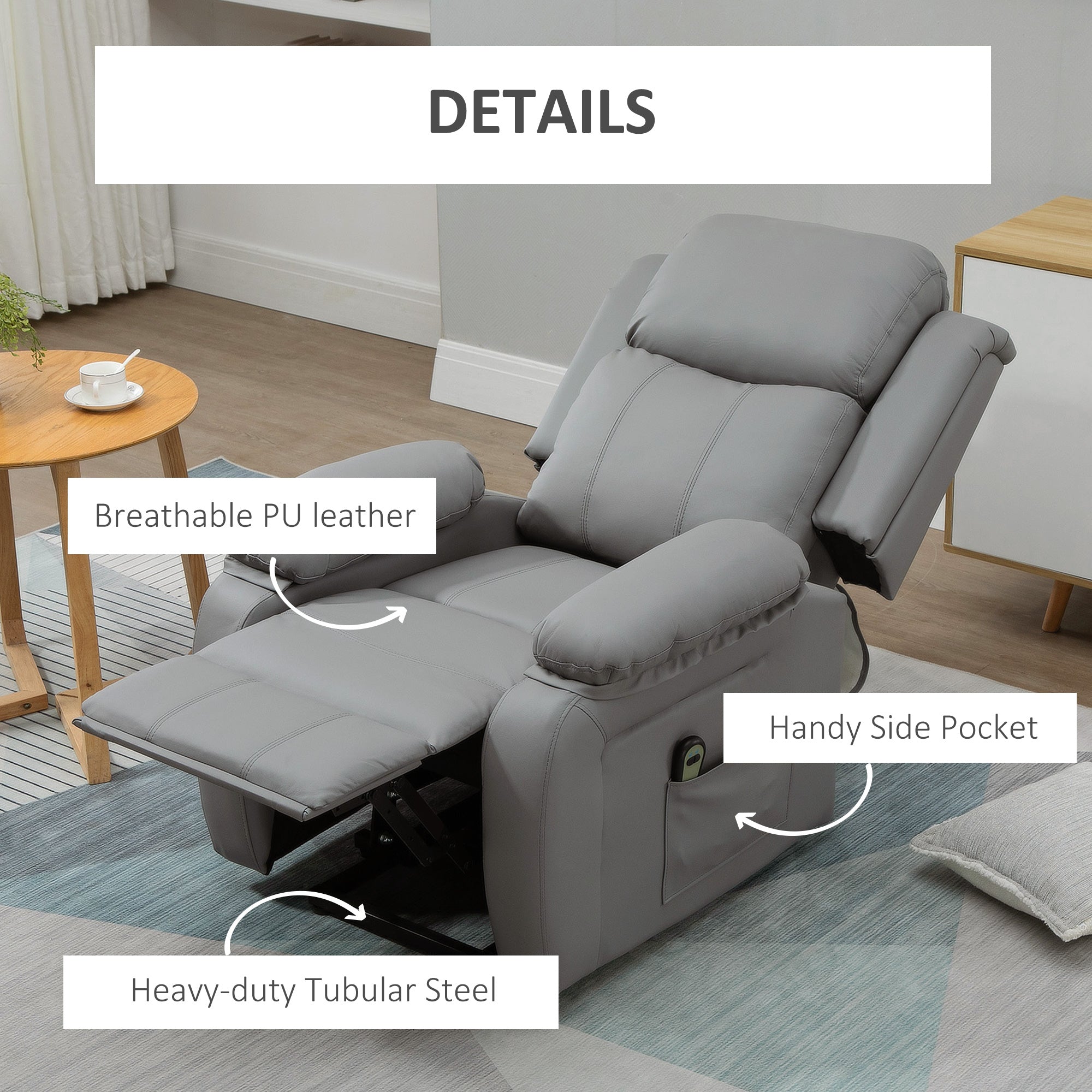 Living Room Power Lift Chair PU Leather Electric Recliner Sofa for Elderly with Remote Control Grey