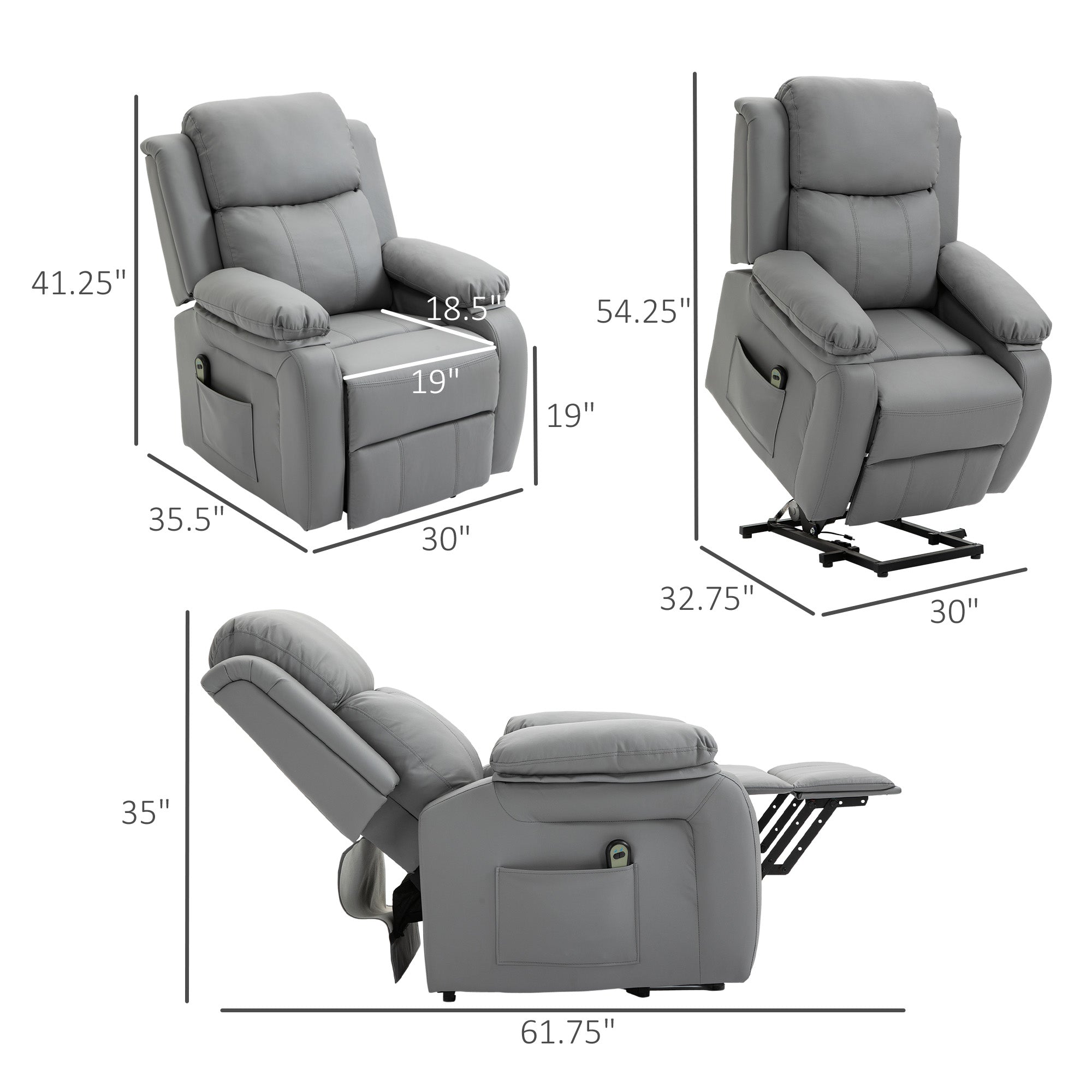 Living Room Power Lift Chair PU Leather Electric Recliner Sofa for Elderly with Remote Control Grey