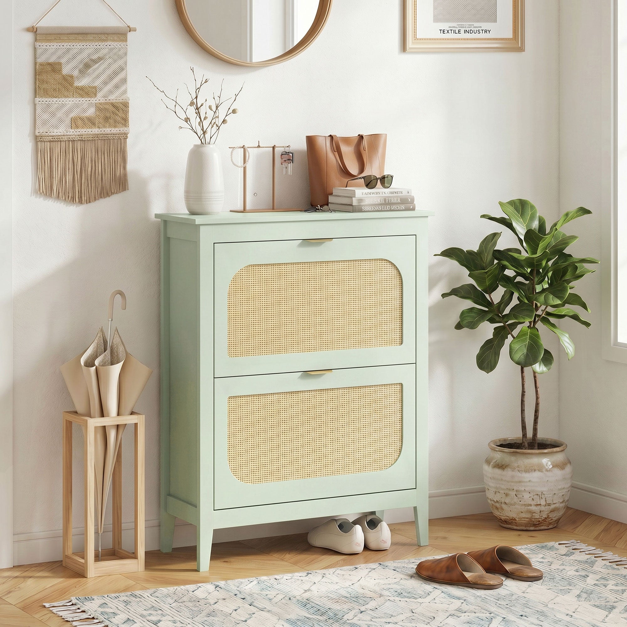 Shoe Storage Cabinet with 2 Flip Drawers, Boho Slim Shoe Cabinet with Rattan Doors for Entryway, Hallway, Holds 14 Pairs, Light Green