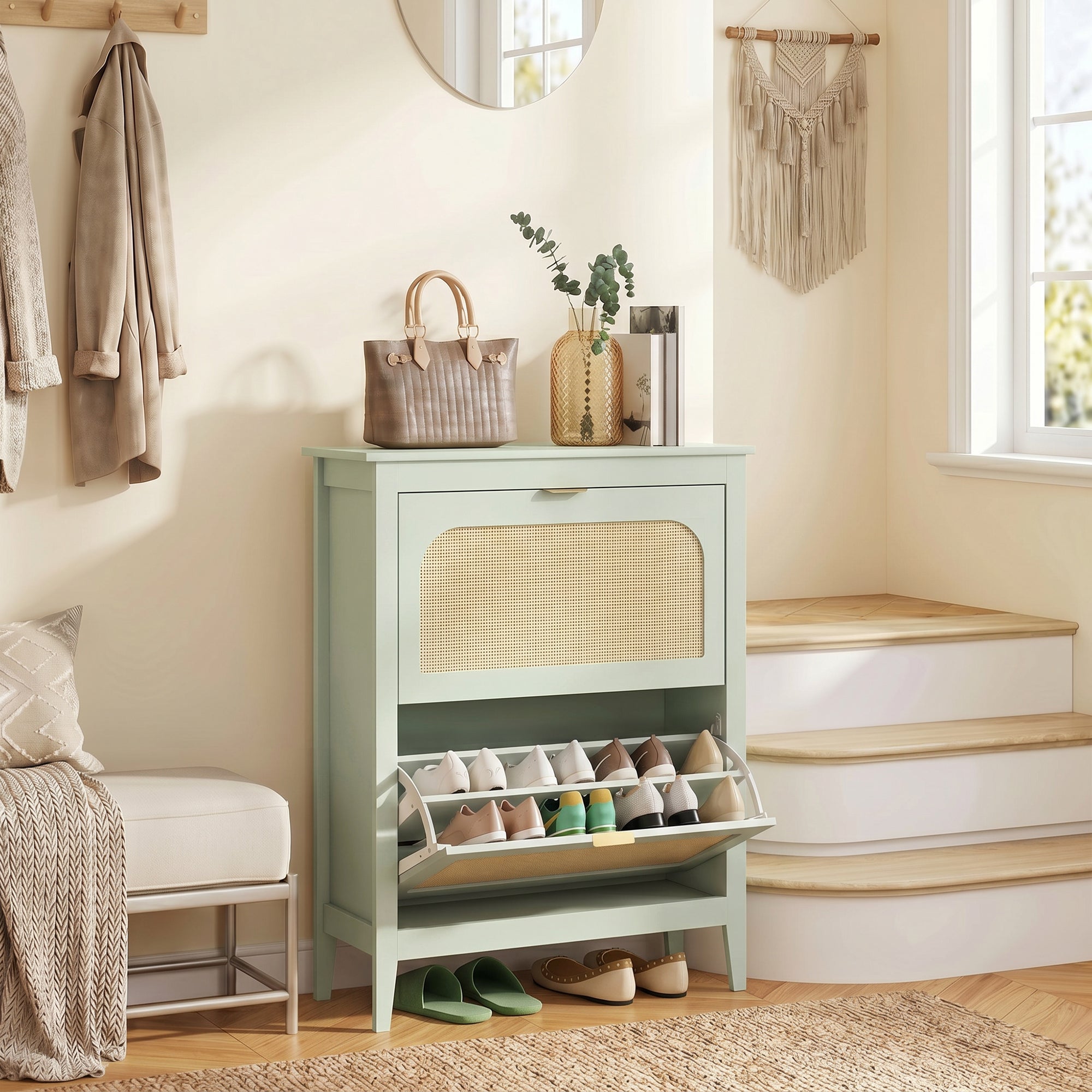 Shoe Storage Cabinet with 2 Flip Drawers, Boho Slim Shoe Cabinet with Rattan Doors for Entryway, Hallway, Holds 14 Pairs, Light Green