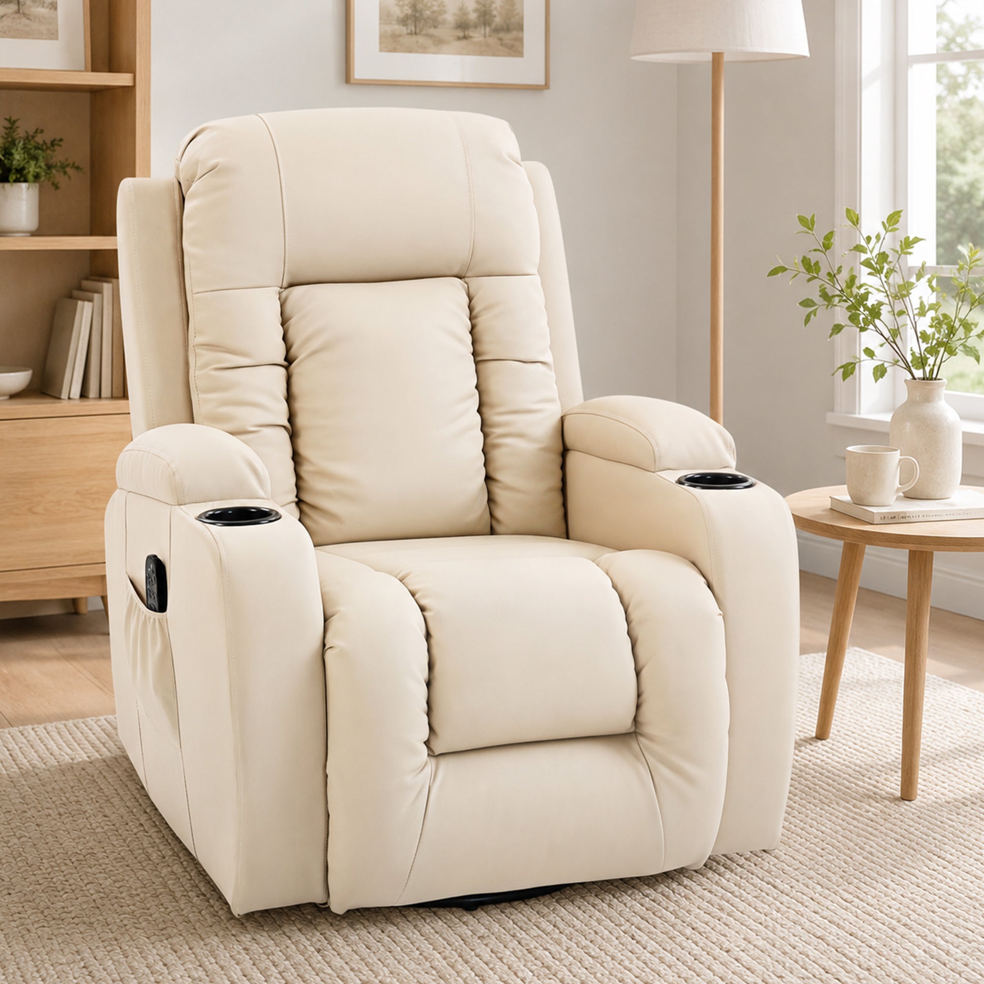 Recliner Armchair with Massage & Heat, PU Leather Recliner Chair with Extended Footrest, Cup Holders and Side Pockets, Swivel Rocking Manual Reclining Chair for Living Room, Cream