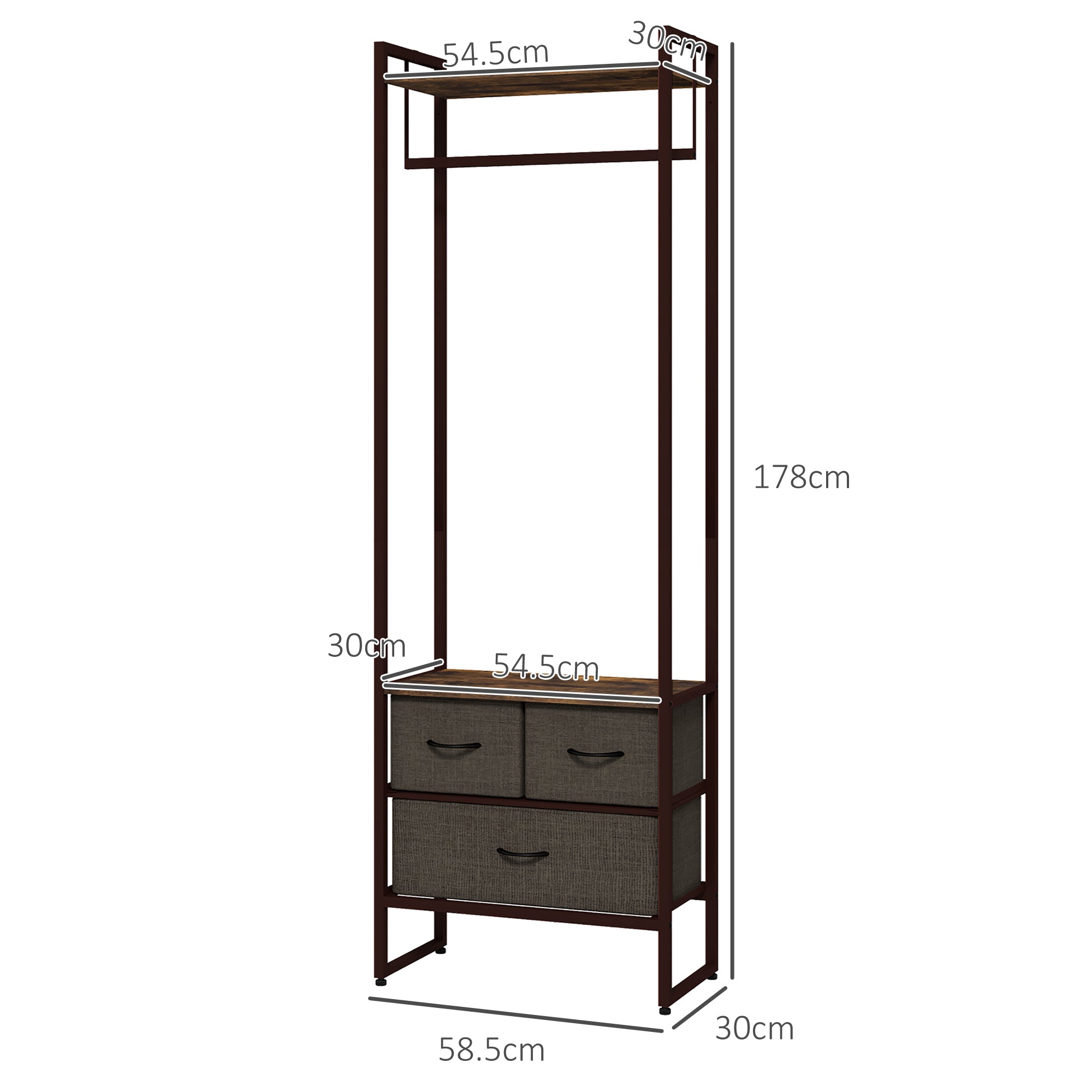 Free Standing Clothes Rail with 3 Fabric Drawers and Storage Shelves, Garment Rack, Hanging Rail for Hallway, Bedroom and Living Room, Rustic Brown