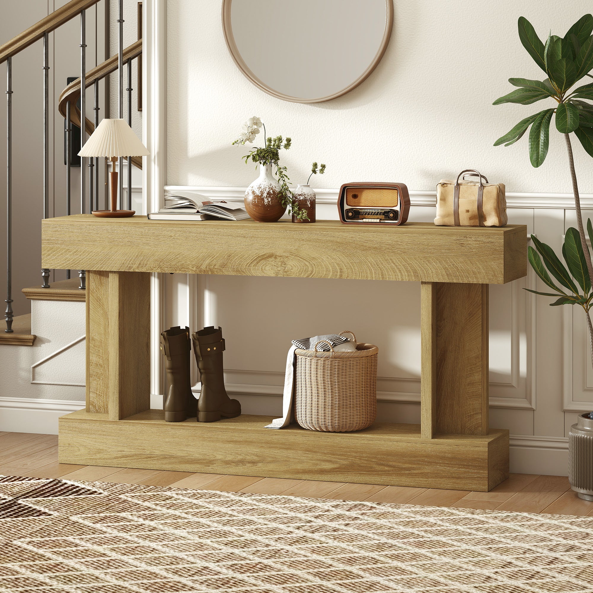 63 Inch Entryway Table, Vintage Narrow Console Tables For Entryway, Sofa Table Behind Couch with Storage Shelf for Living Room and Hallway, Oak