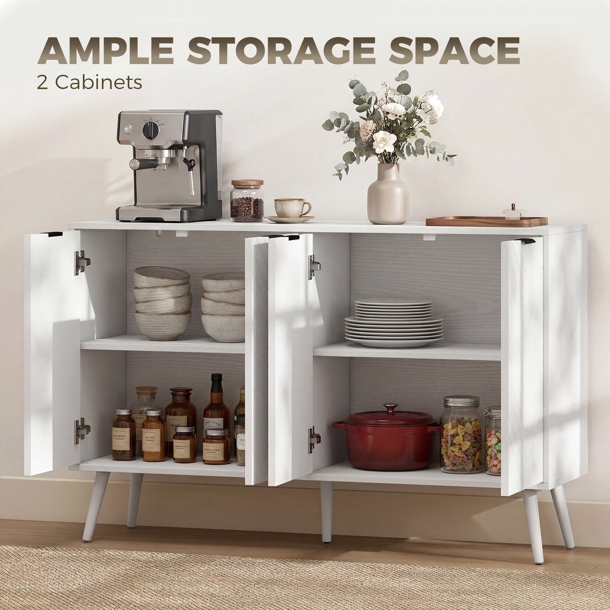 Modern Sideboard Buffet Cabinet, 47" Kitchen Storage Cabinet with 4 Doors and 2 Adjustable Shelves, Coffee Bar Station, White
