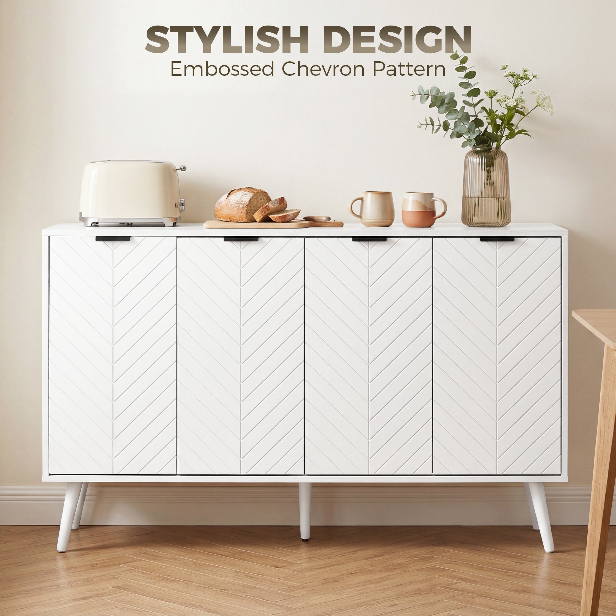 Modern Sideboard Buffet Cabinet, 47" Kitchen Storage Cabinet with 4 Doors and 2 Adjustable Shelves, Coffee Bar Station, White