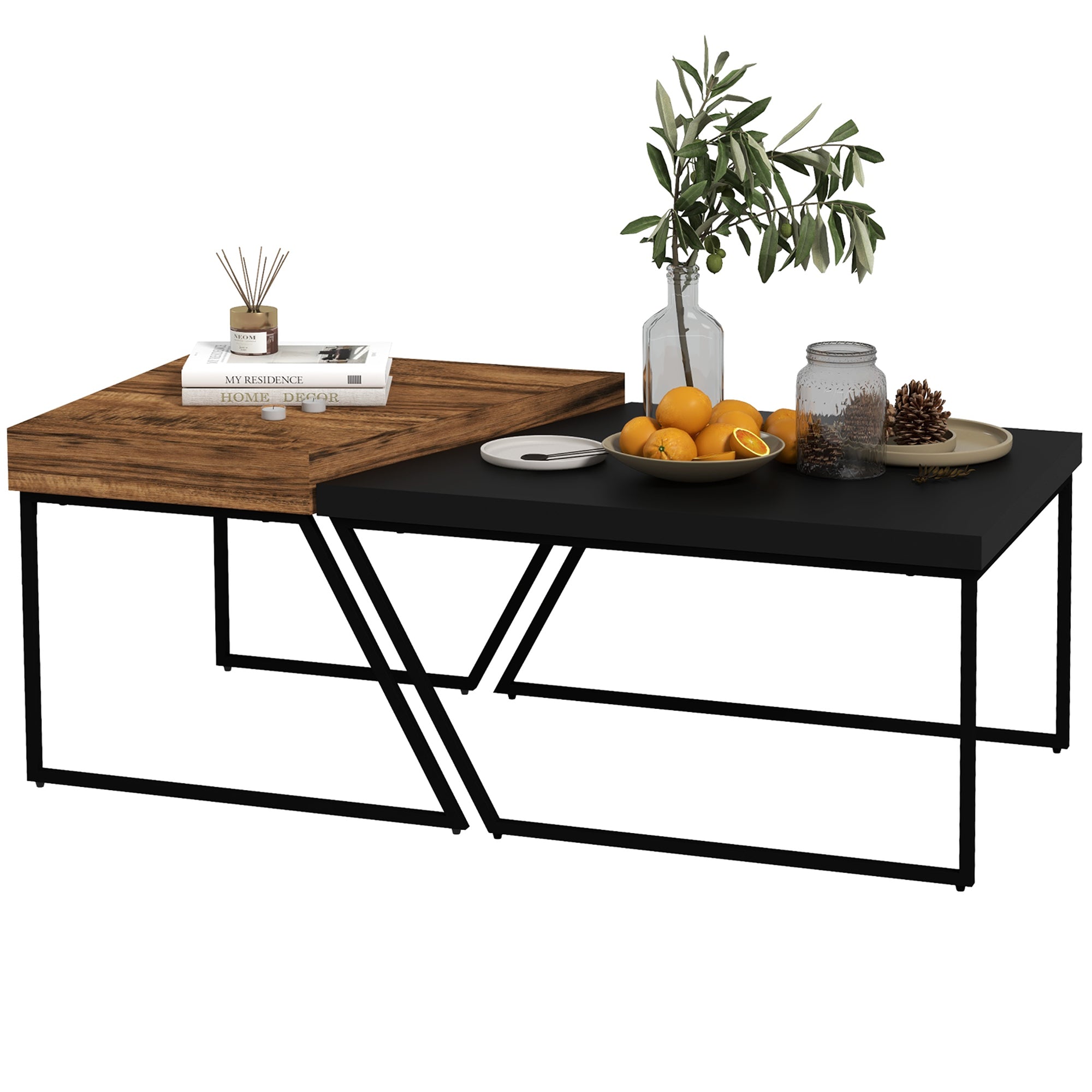 HOMCOM Coffee Table Set of 2, Industrial Nesting Table with Steel Frame and 8cm Thick Tabletop, Sofa Side End Table for Living Room, Rustic Brown