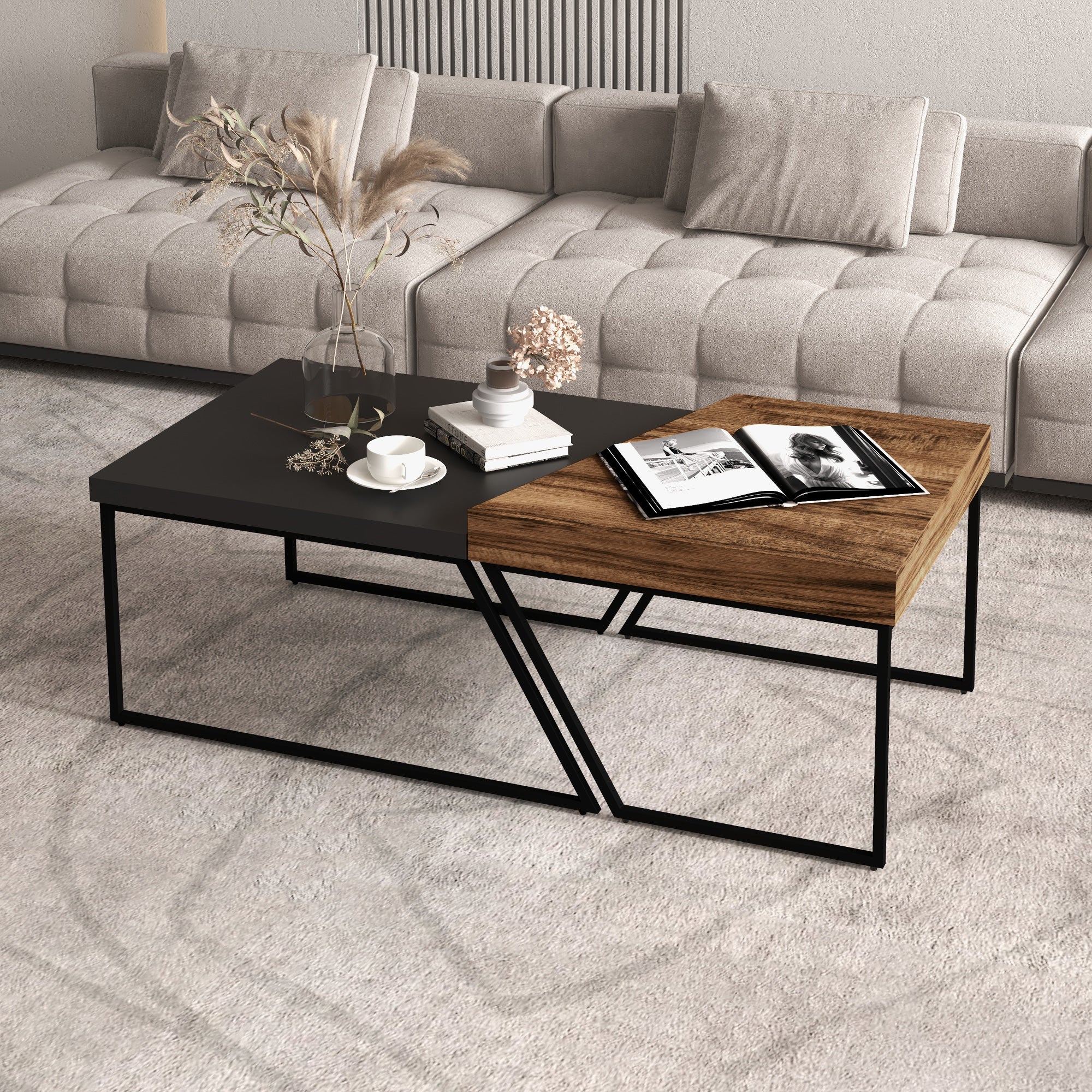 HOMCOM Coffee Table Set of 2, Industrial Nesting Table with Steel Frame and 8cm Thick Tabletop, Sofa Side End Table for Living Room, Rustic Brown