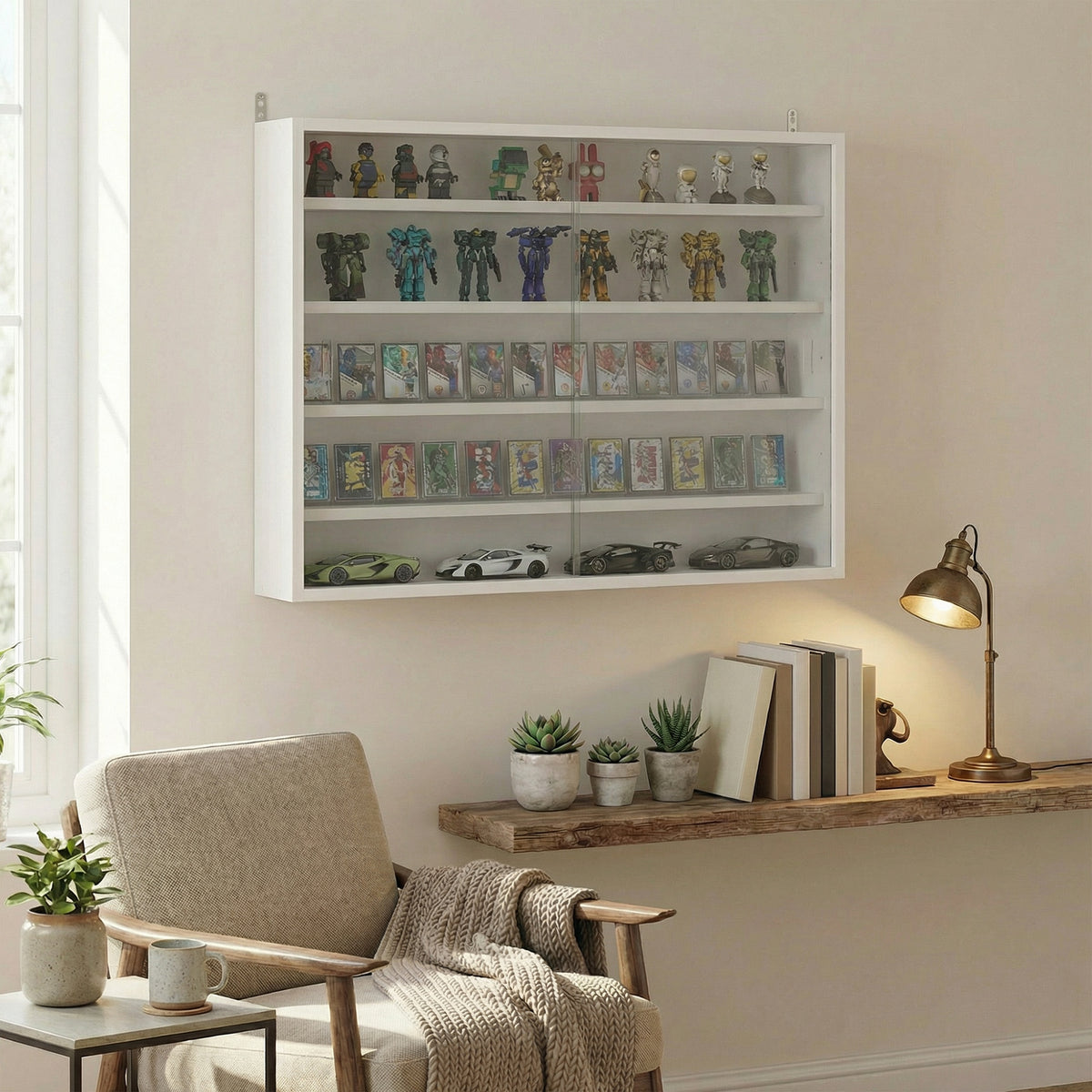 5-Storey Wall Shelf Display Cabinet, Shot Glass Display Case, Glass Curio Cabinet with 2 Glass Doors and 4 Adjustable Shelves, White
