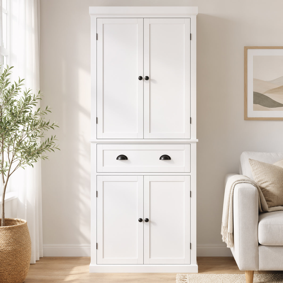 Tall Kitchen Cupboard, 183 cm Freestanding Storage Cabinet with Drawer, 4 Doors and Adjustable Shelves, Kitchen Pantry Cupboard for Living Room, Dining Room, White
