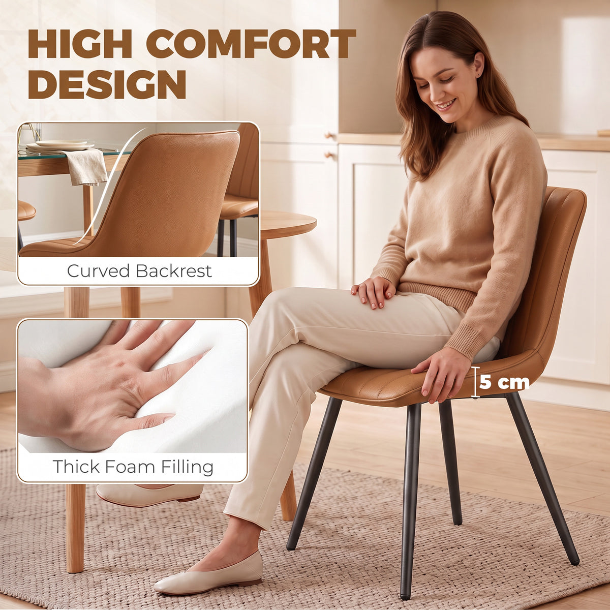 Modern Dining Chairs Set of 2, Curved Faux Leather Upholstered Kitchen Chairs with Metal Legs for Dining Room, Kitchen, Living Room, Brown