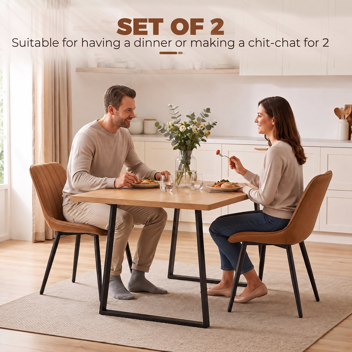 Modern Dining Chairs Set of 2, Curved Faux Leather Upholstered Kitchen Chairs with Metal Legs for Dining Room, Kitchen, Living Room, Brown
