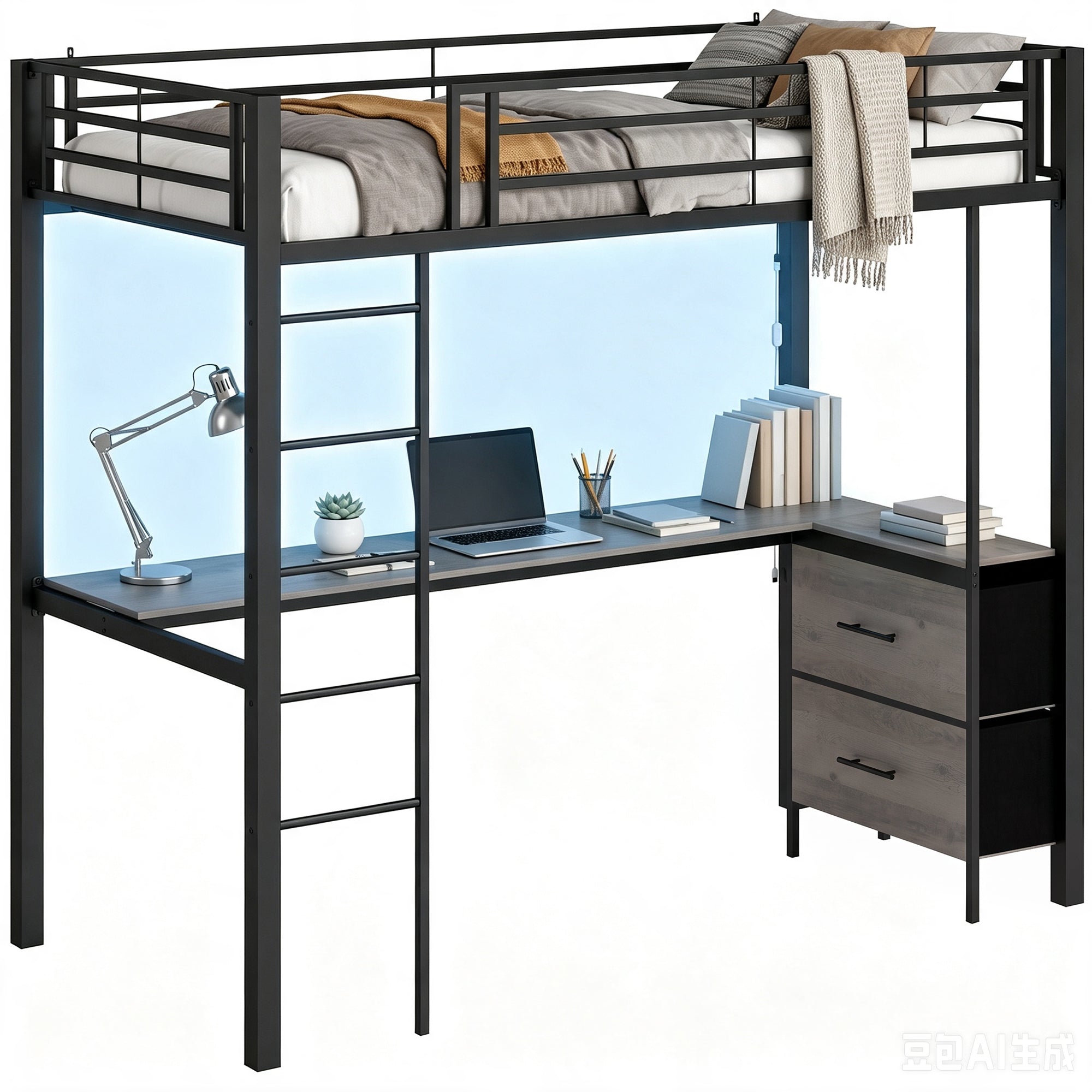 Metal Bunk Bed with Desk, High Sleeper Bed with LED Light and Safety Guardrail, Space-Saving Bedroom Dormitory Single Loft Frame for Teens Adults, No Box Spring Needed, Black