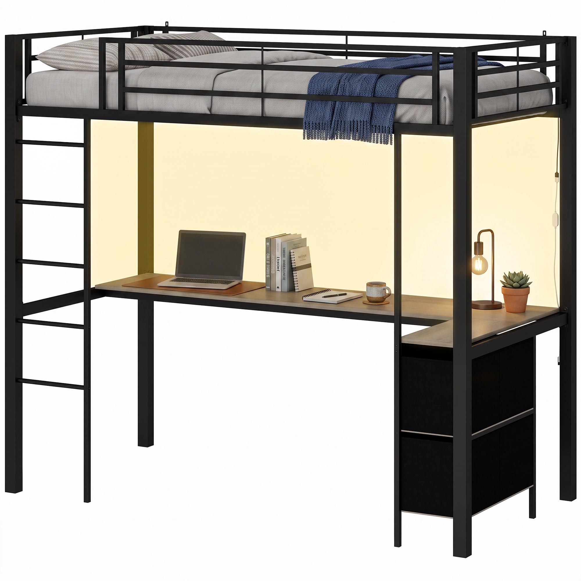 Metal Bunk Bed with Desk, High Sleeper Bed with LED Light and Safety Guardrail, Space-Saving Bedroom Dormitory Single Loft Frame for Teens Adults, No Box Spring Needed, Black