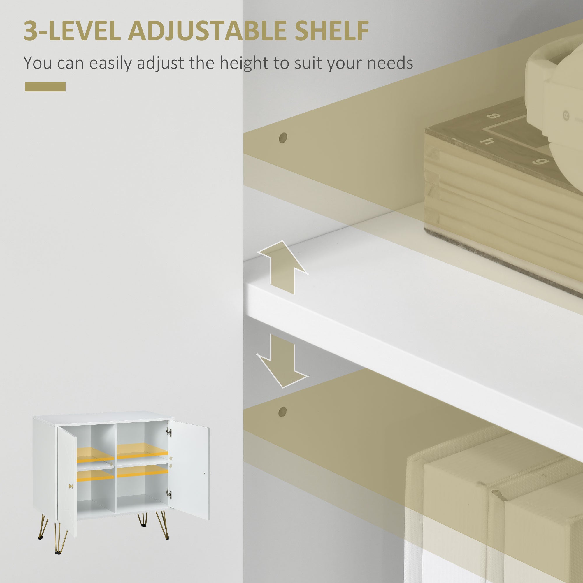 HOMCOM Modern Storage Cabinet with Double Doors, Sideboard Buffet Cabinet with Golden Hairpin Legs and Adjustable Shelves for Living Room, White