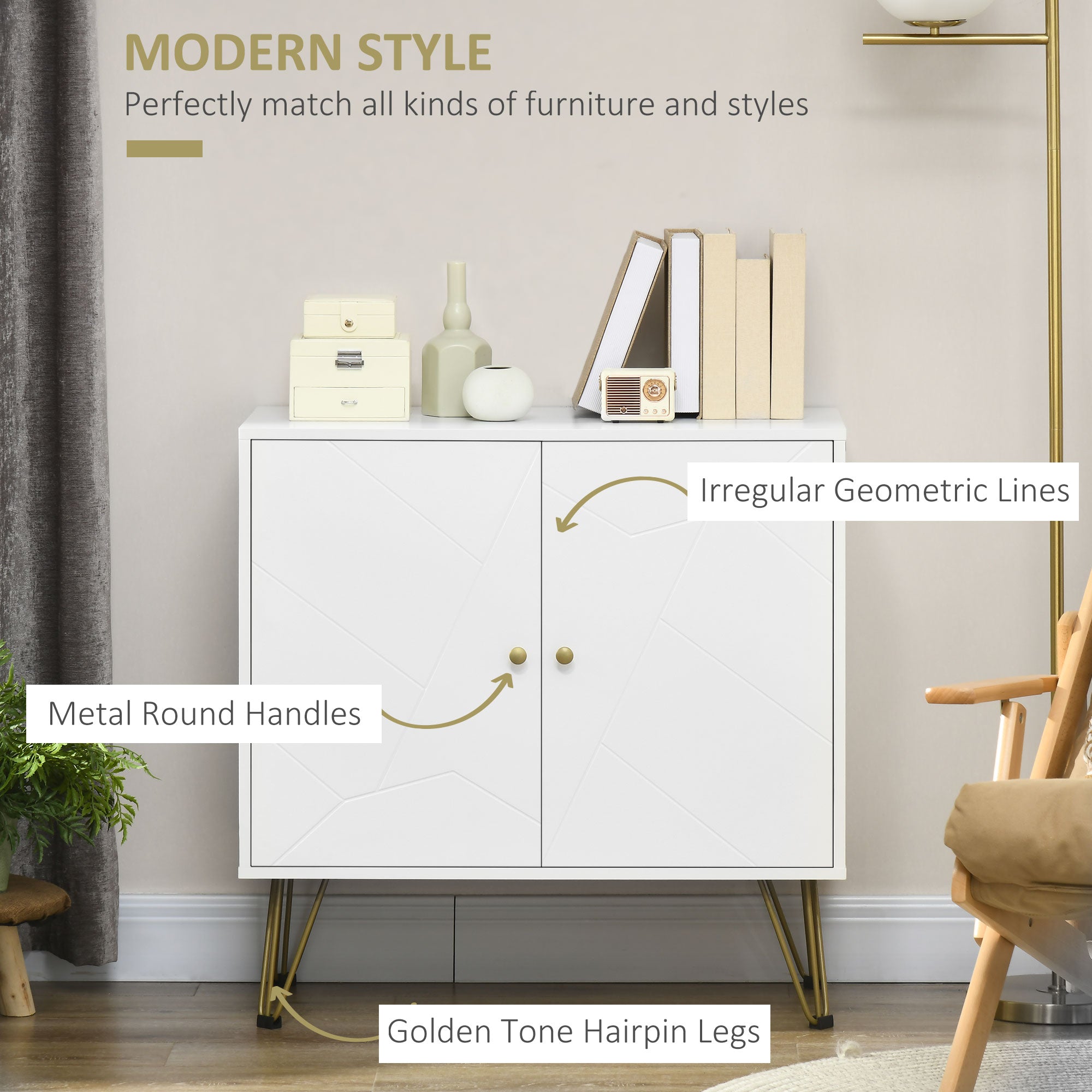 HOMCOM Modern Storage Cabinet with Double Doors, Sideboard Buffet Cabinet with Golden Hairpin Legs and Adjustable Shelves for Living Room, White