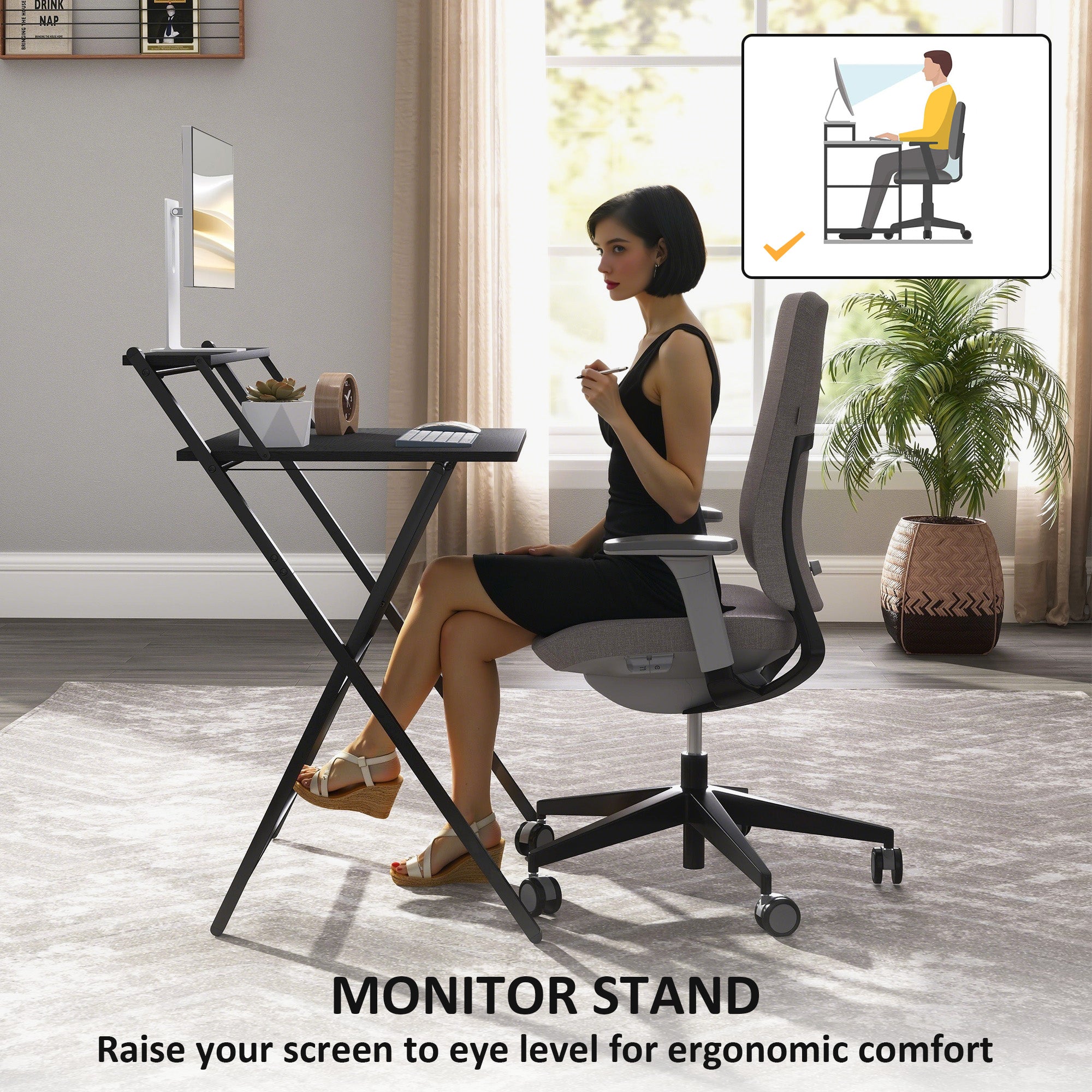 Folding Desk with Monitor Shelf, 70 cm Foldable Computer Desk for Small Spaces, Space Saving Writing Table Workstation for Home Office, Study, Easy Assembly, Black