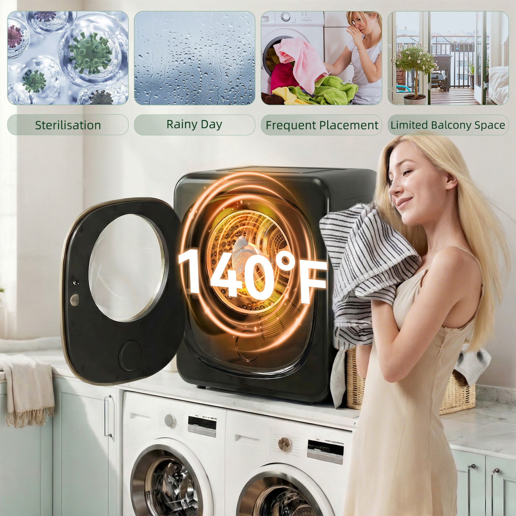 4kg Vented Tumble Dryer, 800W Compact Freestanding Front Tumble Dryer with 5 Drying Mode, Smart Sensor, Timer and Stainless Steel Tub, Wall-Mounted Portable Small Clothes Drying Machine, Black