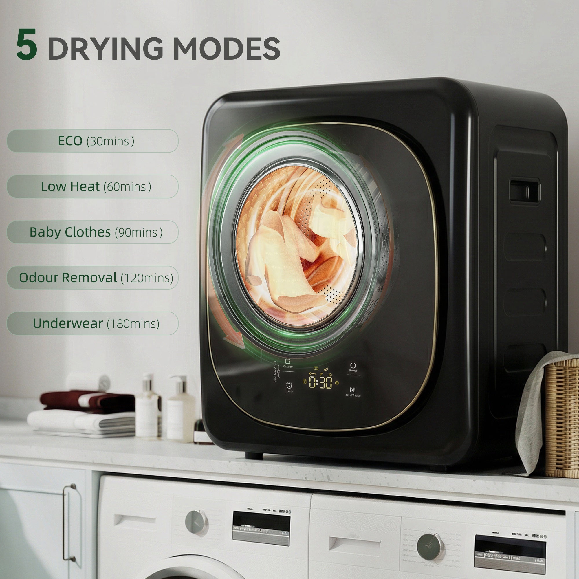 4kg Vented Tumble Dryer, 800W Compact Freestanding Front Tumble Dryer with 5 Drying Mode, Smart Sensor, Timer and Stainless Steel Tub, Wall-Mounted Portable Small Clothes Drying Machine, Black