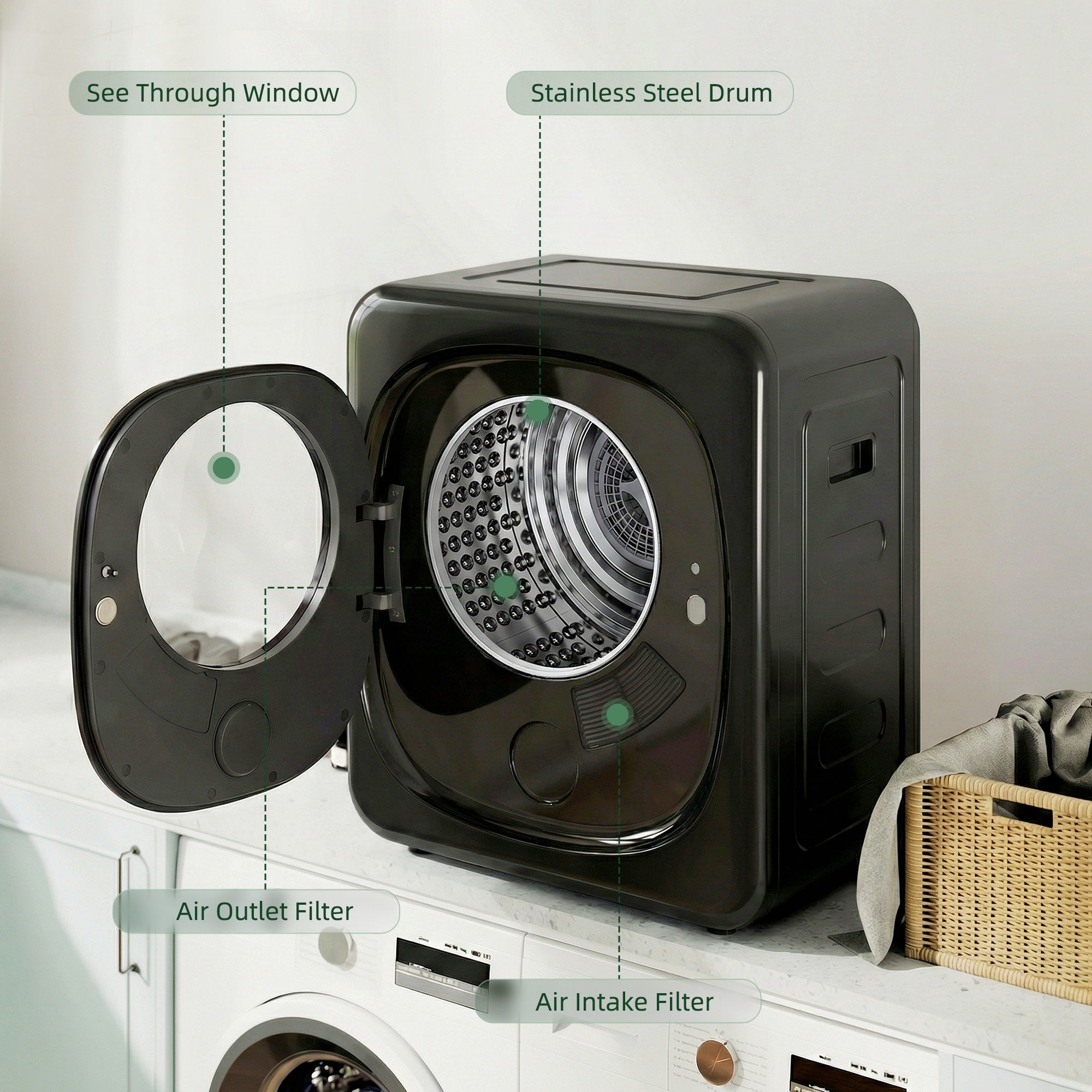 4kg Vented Tumble Dryer, 800W Compact Freestanding Front Tumble Dryer with 5 Drying Mode, Smart Sensor, Timer and Stainless Steel Tub, Wall-Mounted Portable Small Clothes Drying Machine, Black