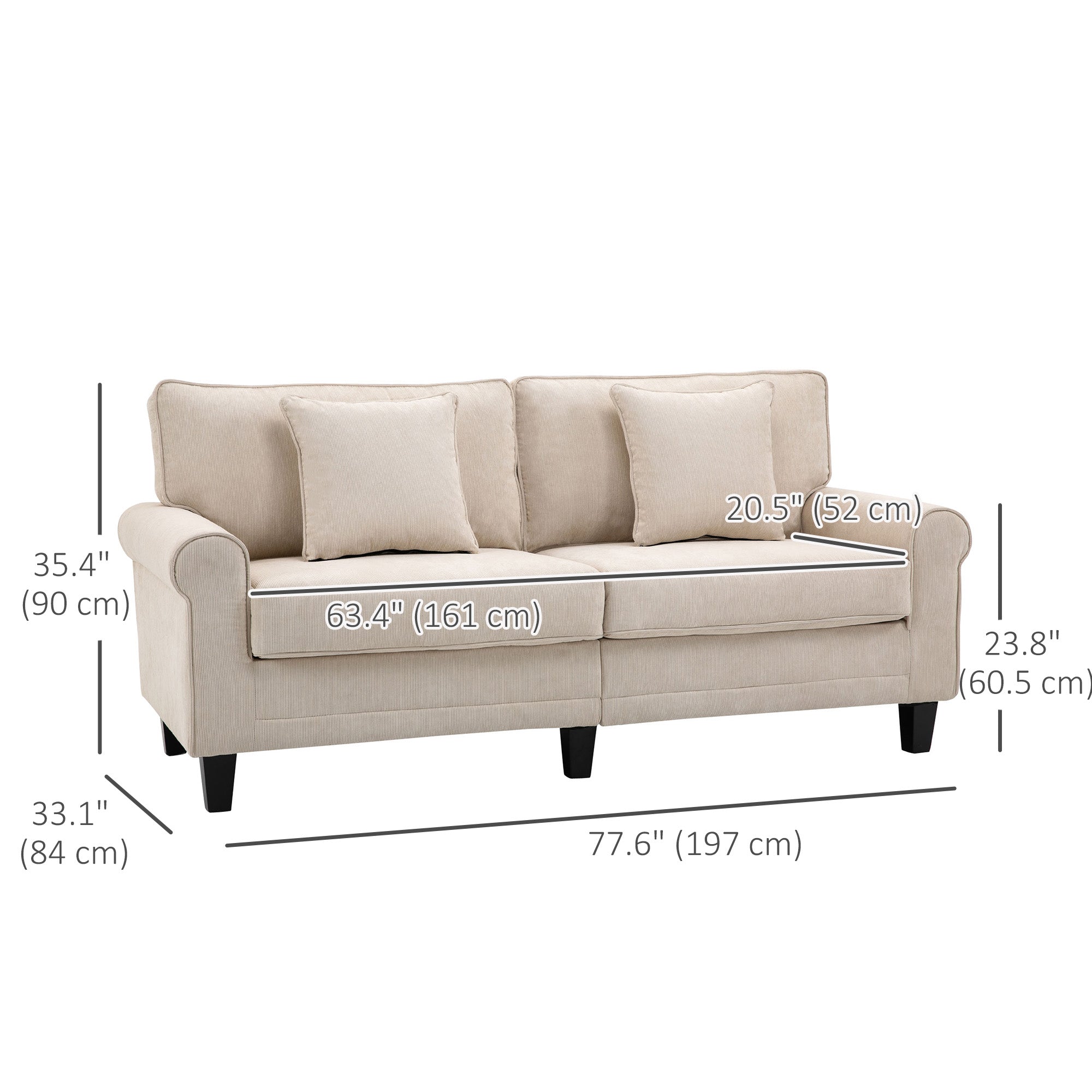 HOMCOM Modern 3-Seater Sofa, Corduroy Fabric Couch with Pine Wood Legs, Rolled Arms for Living Room, Beige