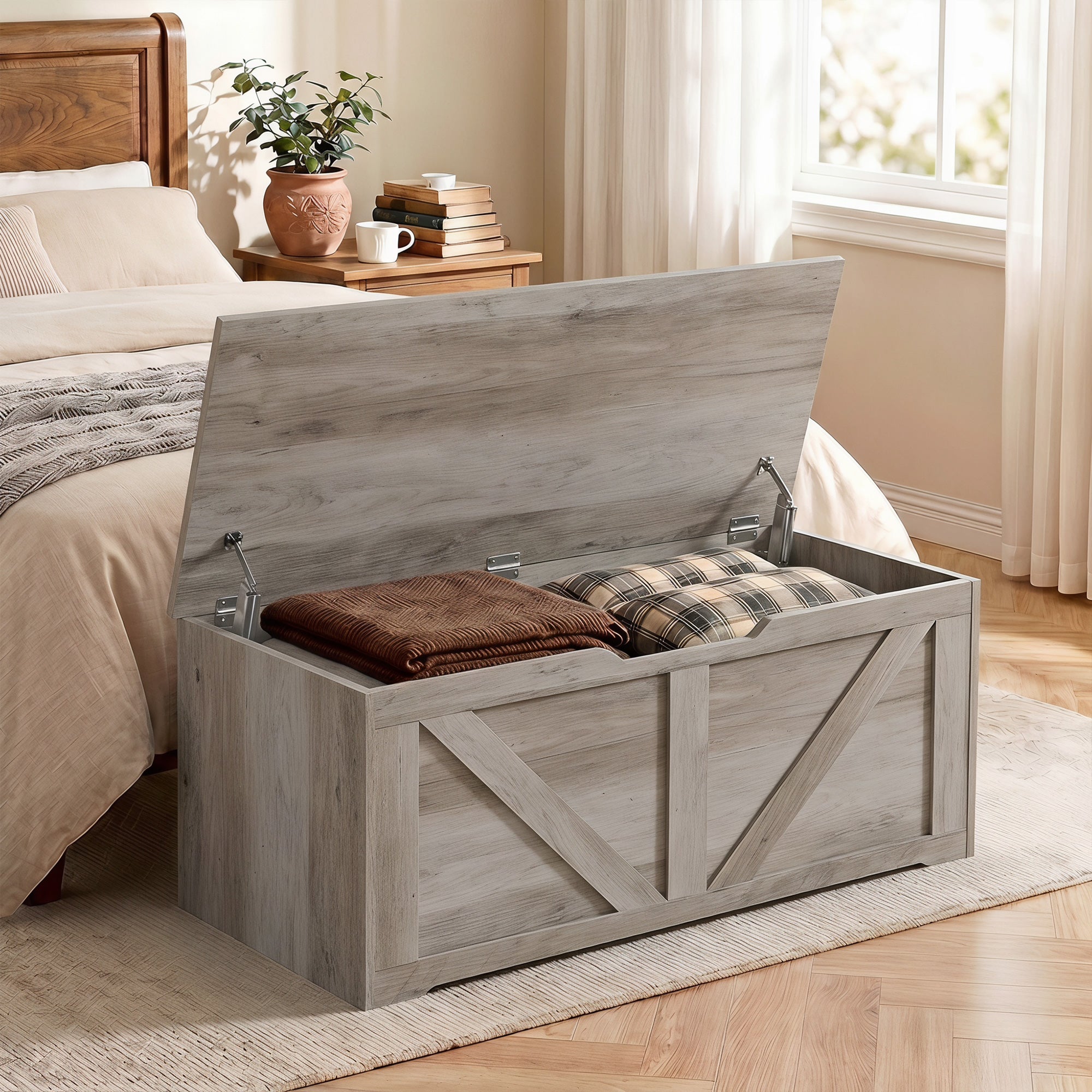 127L Storage Chest, Shoe Storage Trunk Bench Box with 2 Safety Hinges and U-shaped Cut-out Pull, Blanket Box Ottoman for Bedroom, Living Room, Entryway, 100 x 40 x 45 cm, Grey Wood-Effect