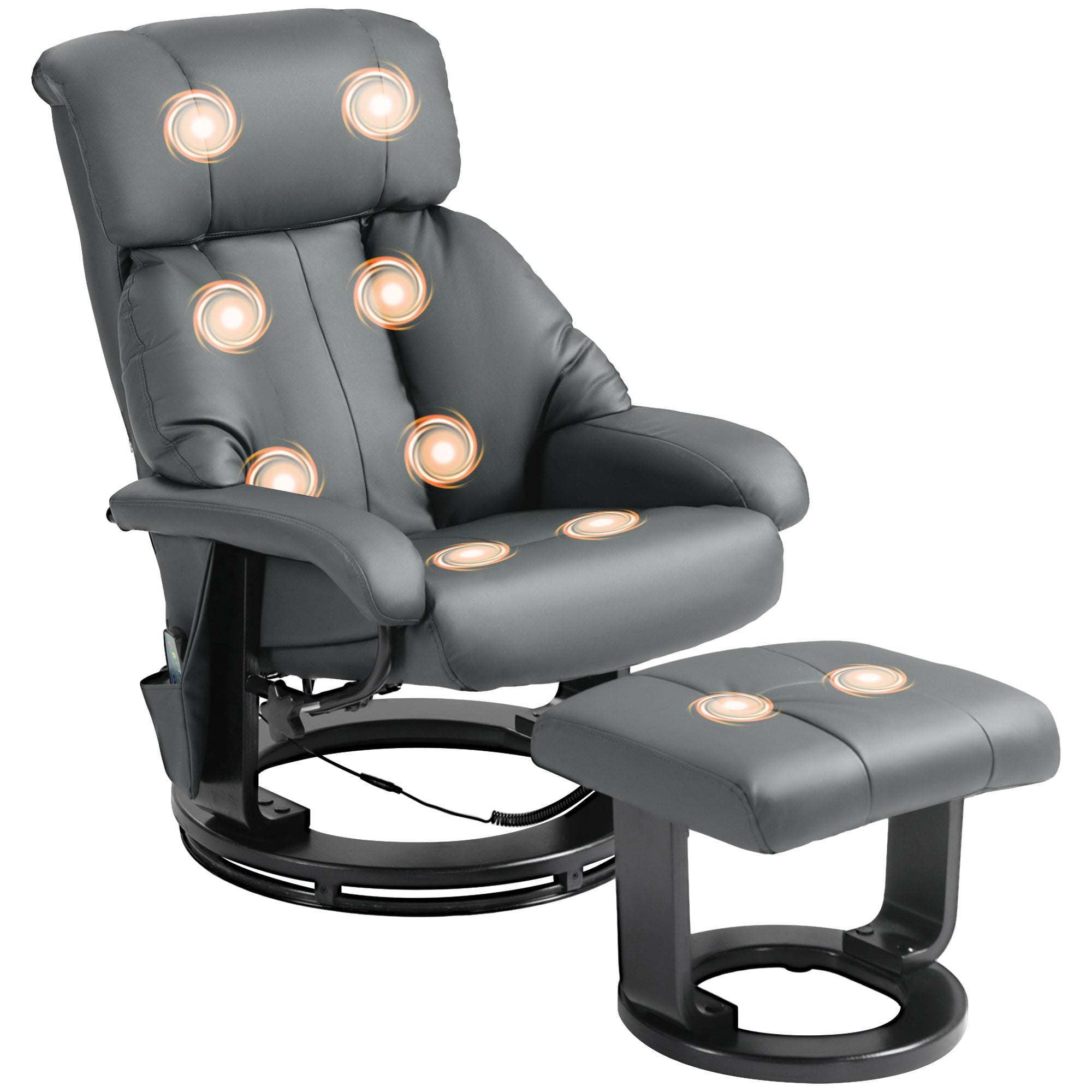 Massage Recliner Chair with Ottoman, 360° Swivel Recliner and Footstool, 10-Point Vibration, PU Leather Reclining Chair with Remote Control, Gray