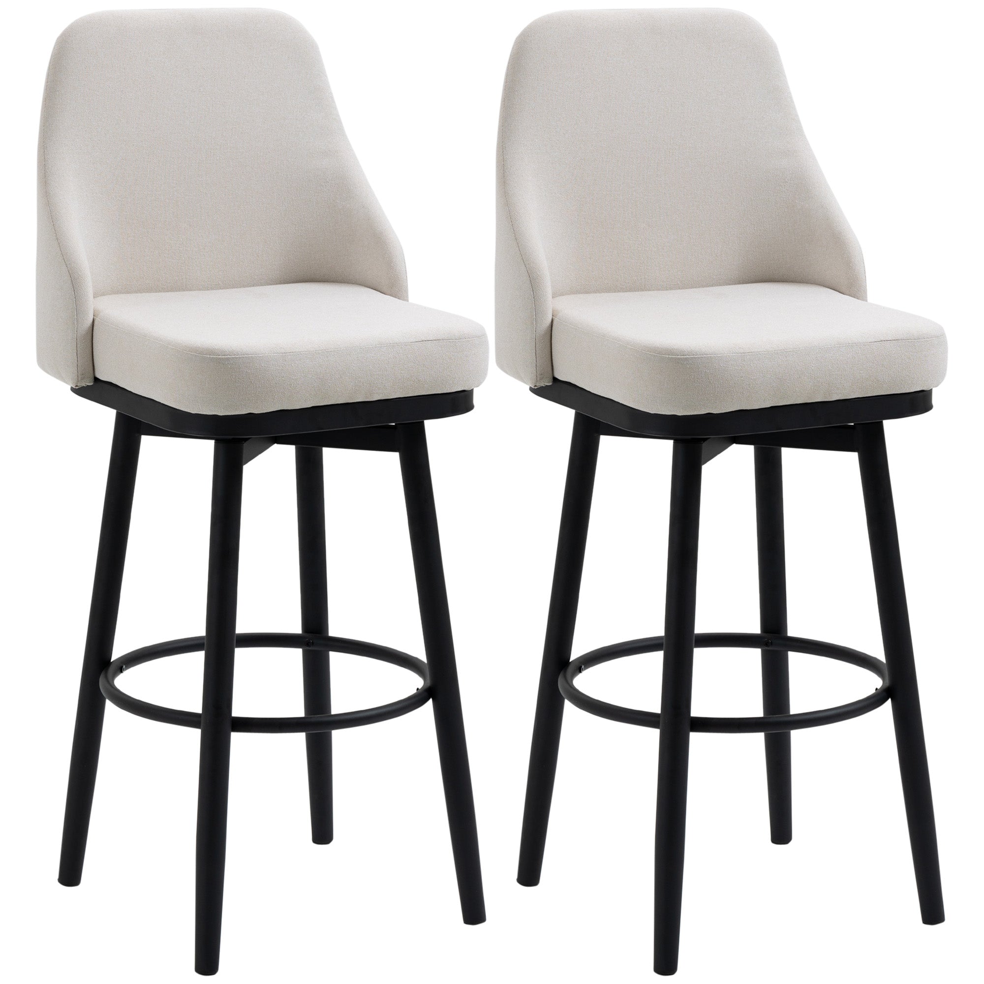 HOMCOM Bar Height Bar Stools Set of 2, 360° Swivel Barstools, Upholstered Extra Tall Bar Chair with 30" Seat Height and Steel Legs, Cream White