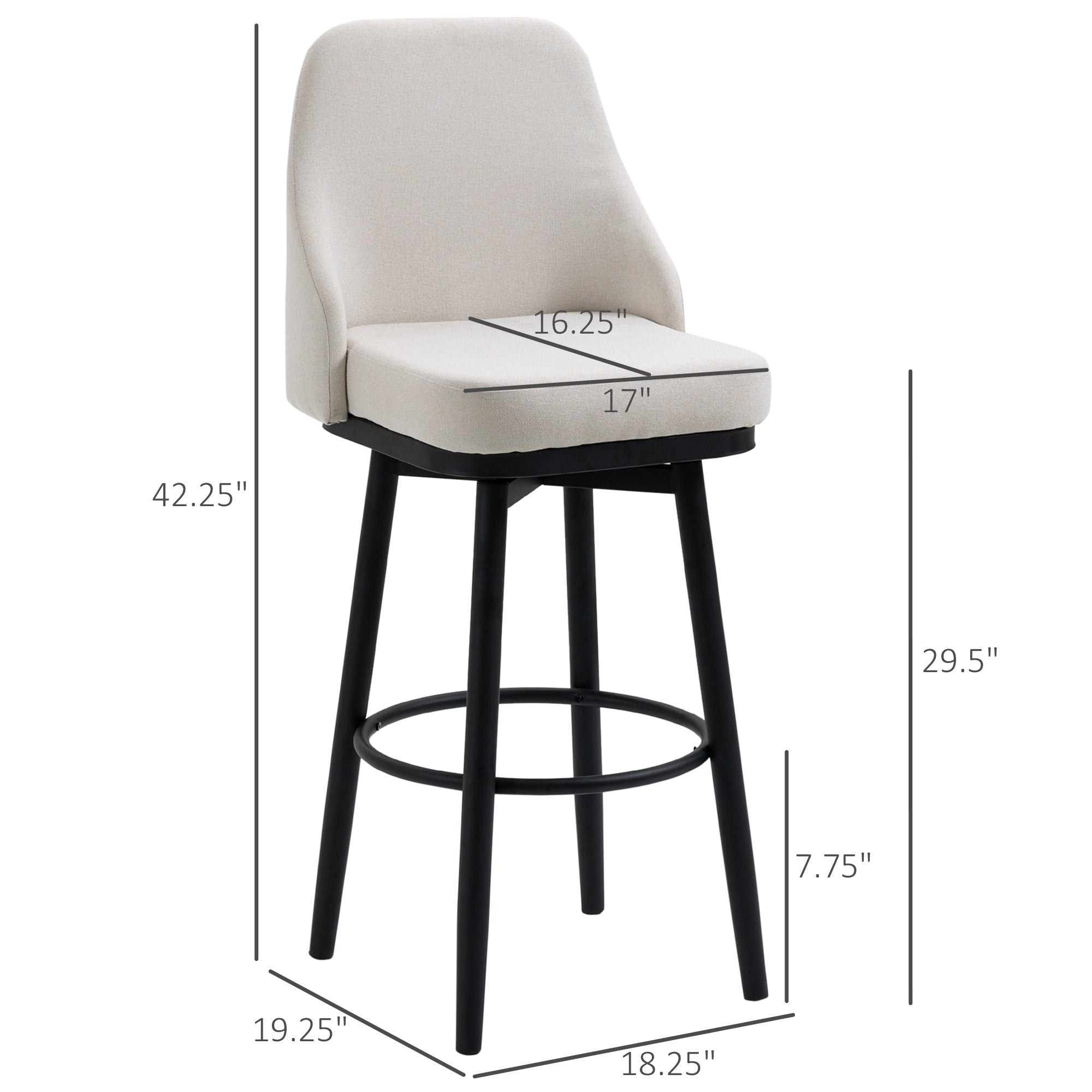 HOMCOM Bar Height Bar Stools Set of 2, 360° Swivel Barstools, Upholstered Extra Tall Bar Chair with 30" Seat Height and Steel Legs, Cream White