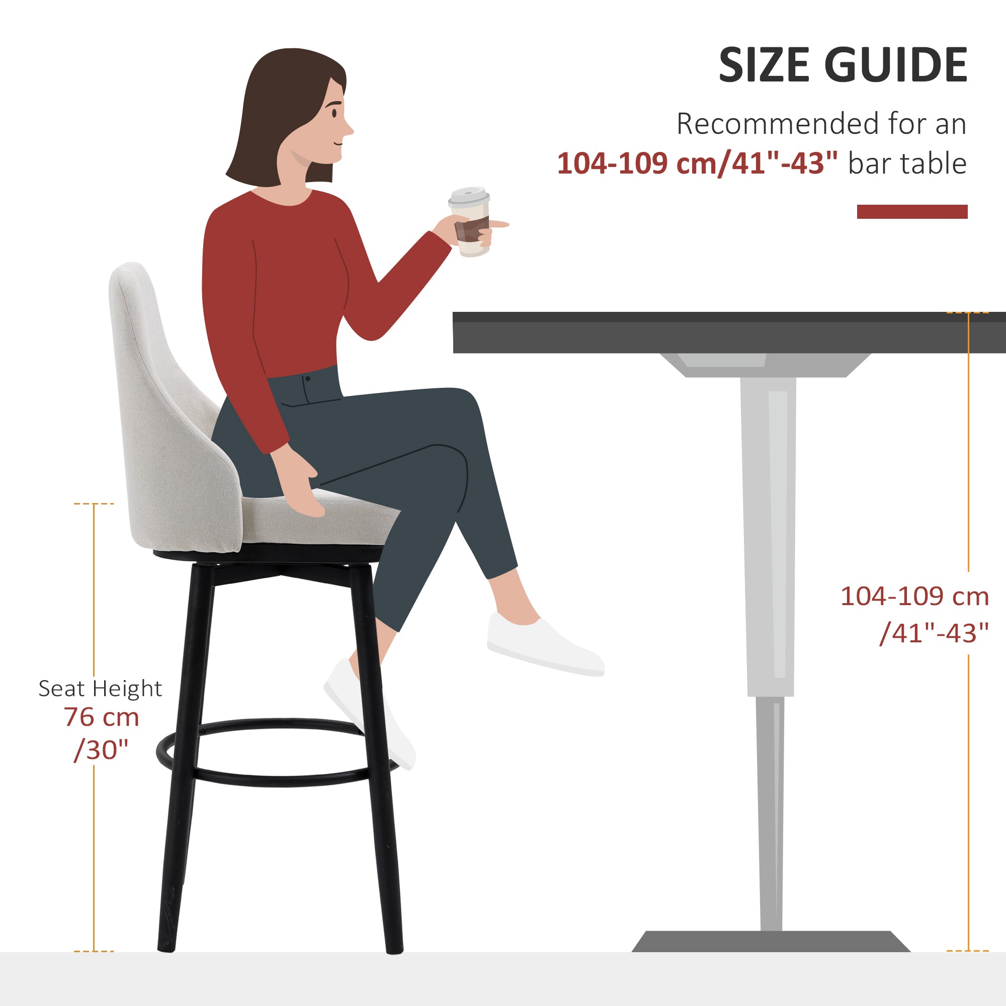 HOMCOM Bar Height Bar Stools Set of 2, 360° Swivel Barstools, Upholstered Extra Tall Bar Chair with 30" Seat Height and Steel Legs, Cream White