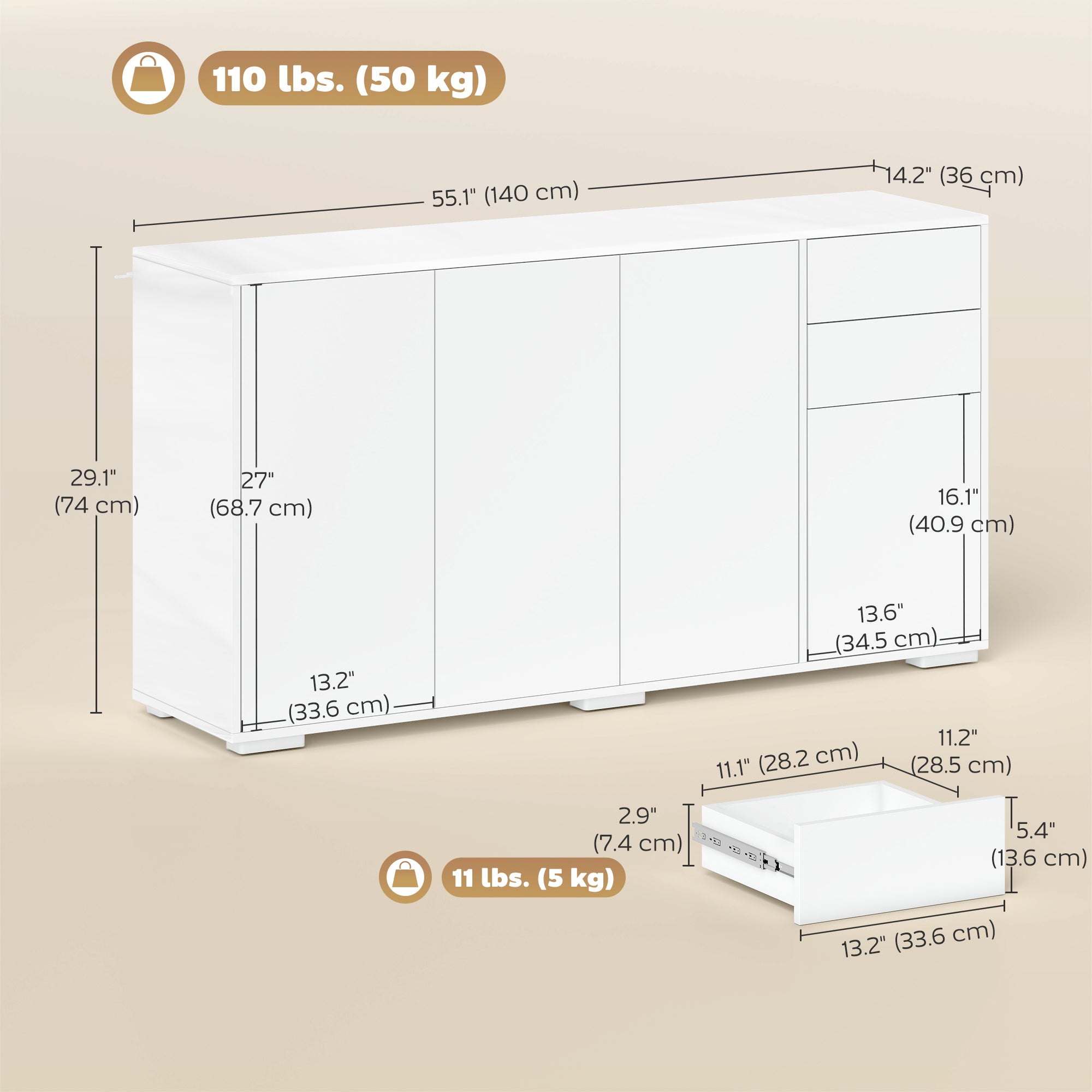 High Gloss Buffet Sideboard with 2 Drawers, 4 Doors and Adjustable Shelf, Kitchen Storage Cabinet with Push Open Design, White