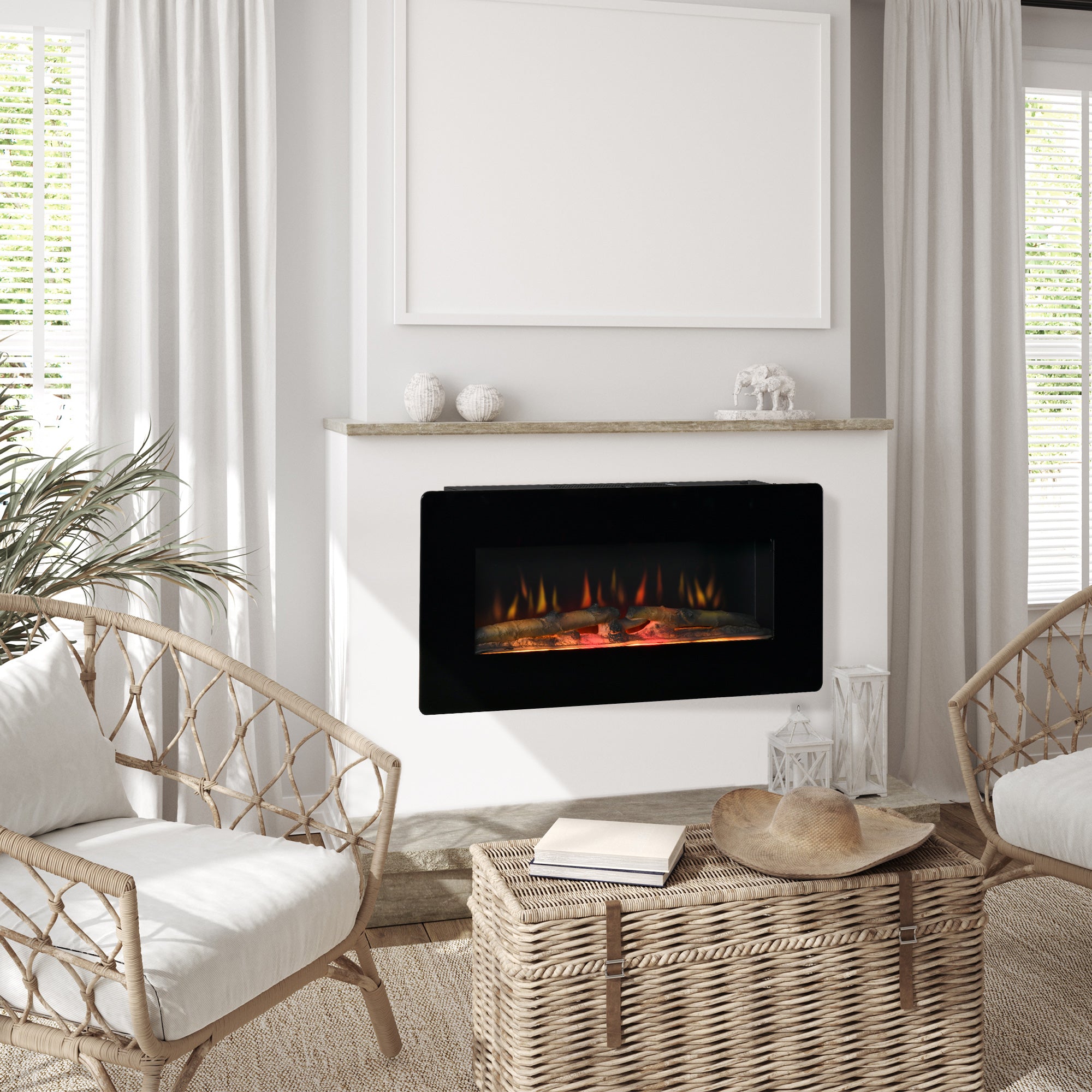 Electric Wall-Mounted Fireplace Heater with Adjustable Flame Effect, Remote Control, Timer, 1800/2000W, Black