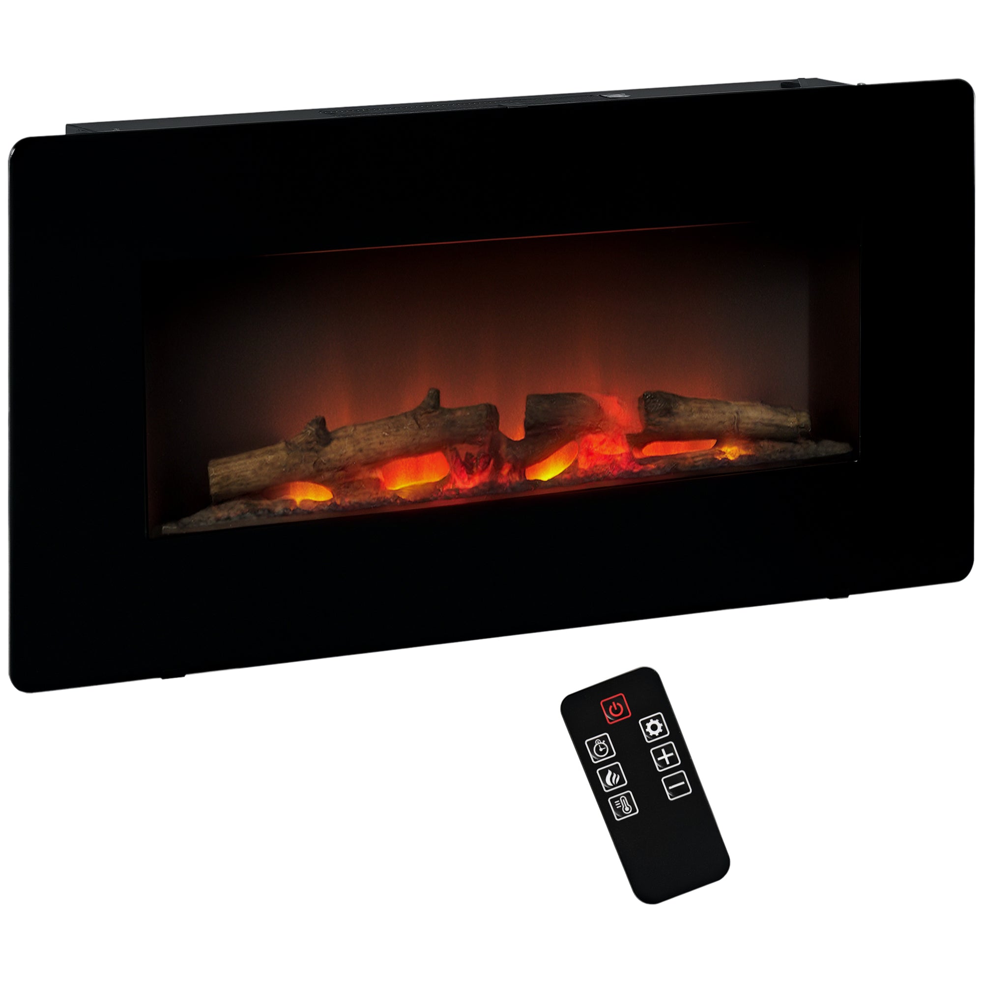 Electric Wall-Mounted Fireplace Heater with Adjustable Flame Effect, Remote Control, Timer, 1800/2000W, Black