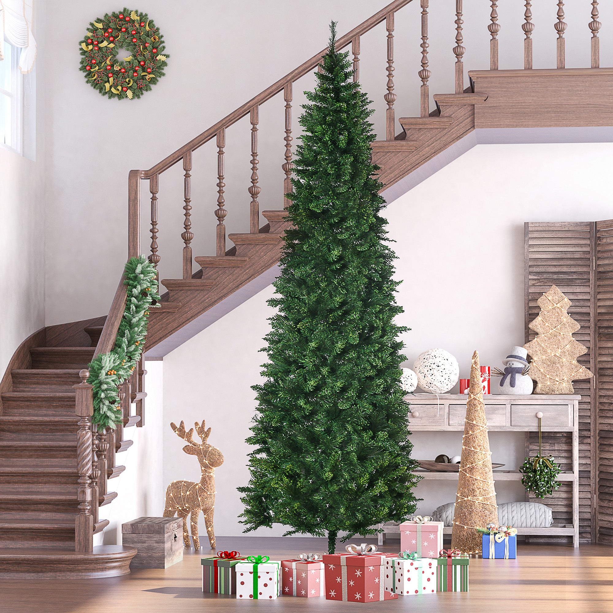 9' Artificial Pencil Christmas Trees, with Auto Open, Steel Base, Pine Needles, for Home Xmas Decoration