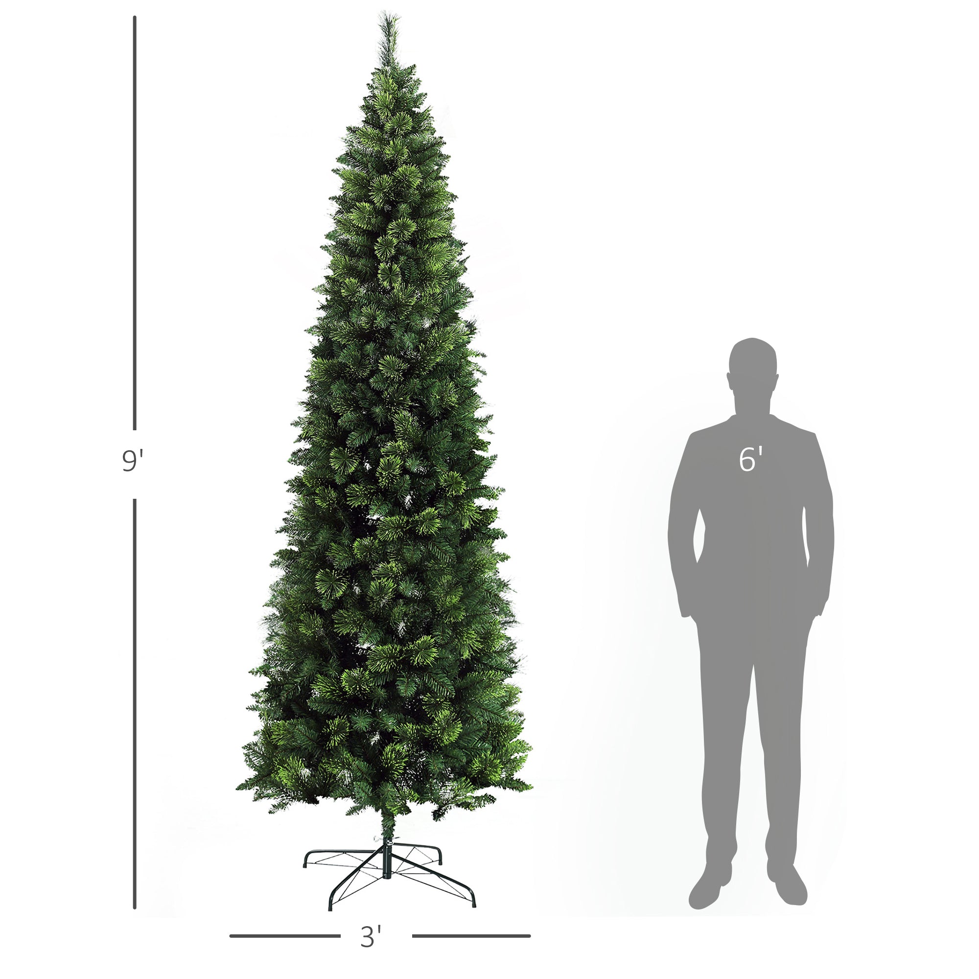 9' Artificial Pencil Christmas Trees, with Auto Open, Steel Base, Pine Needles, for Home Xmas Decoration