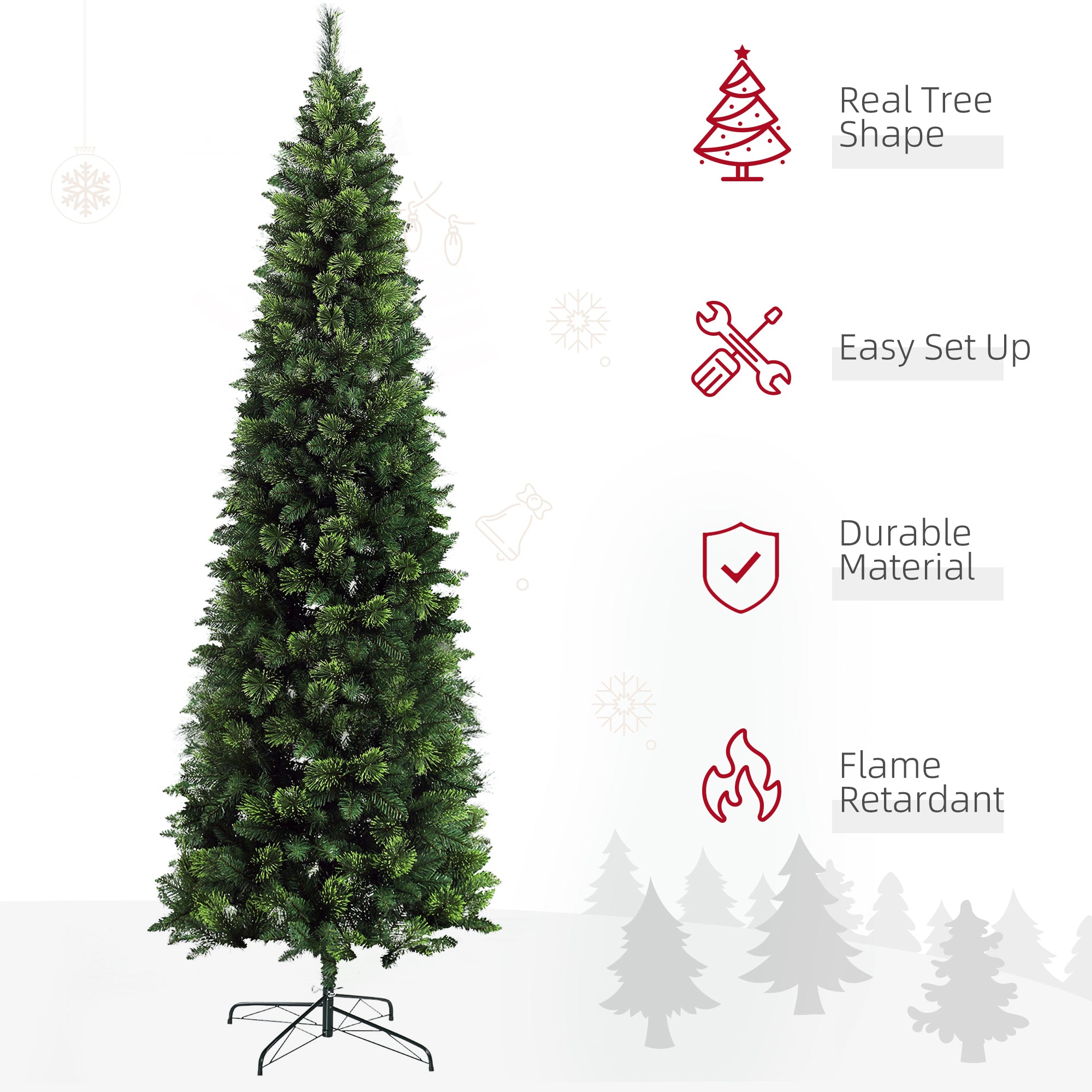 9' Artificial Pencil Christmas Trees, with Auto Open, Steel Base, Pine Needles, for Home Xmas Decoration