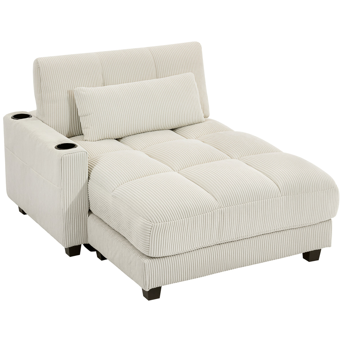 58" Chaise Lounge Chair Indoor, Oversized Corduroy Upholstered Sofa Bed, 2 Cup Holders, Pillow, Deep Seat Sleeper Couch Reading Chair for Living Room, Bedroom, Cream White
